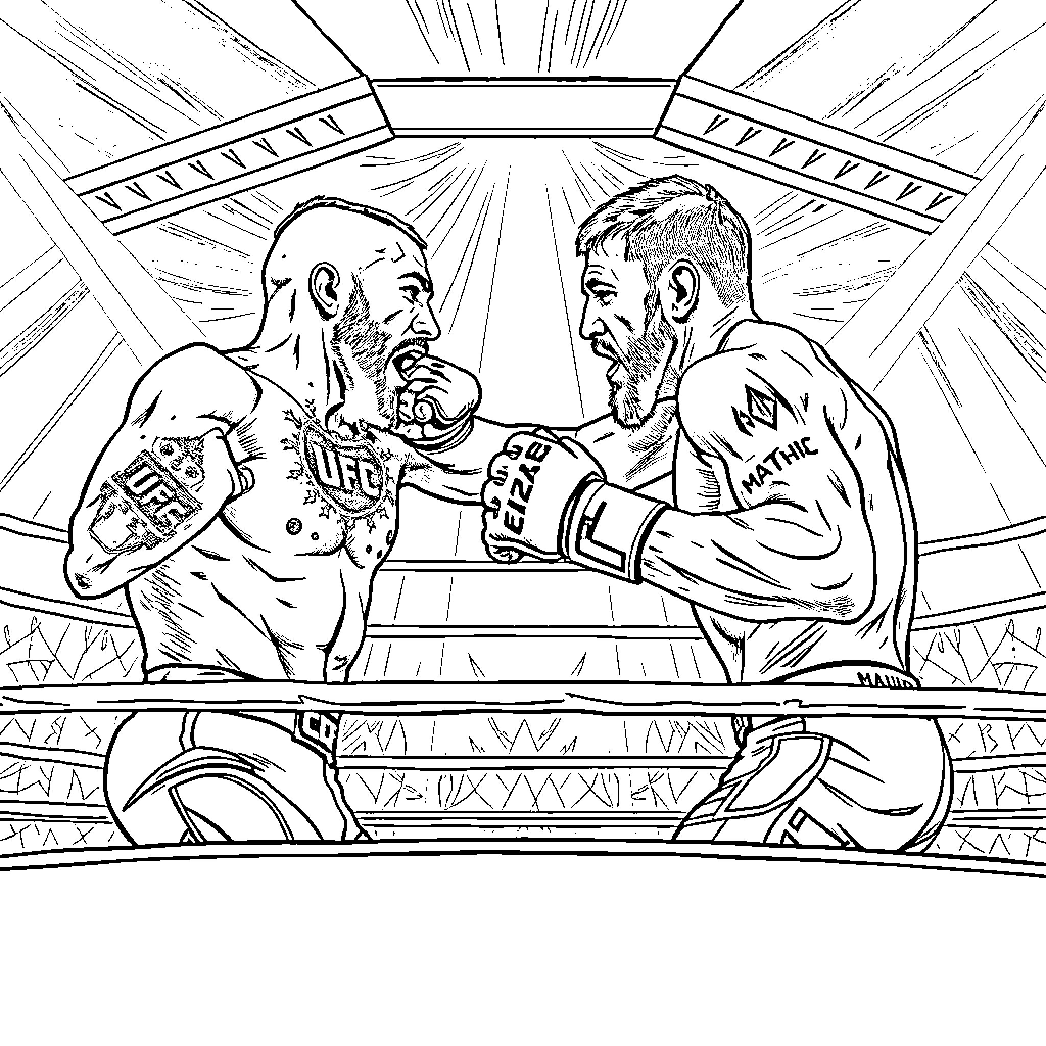 Khabib facing off against opponent in intense boxing match Coloring Page (free black-and-white line drawing printable PDF for all, from beginners to advanced learners, including children, teens, adults, and seniors)