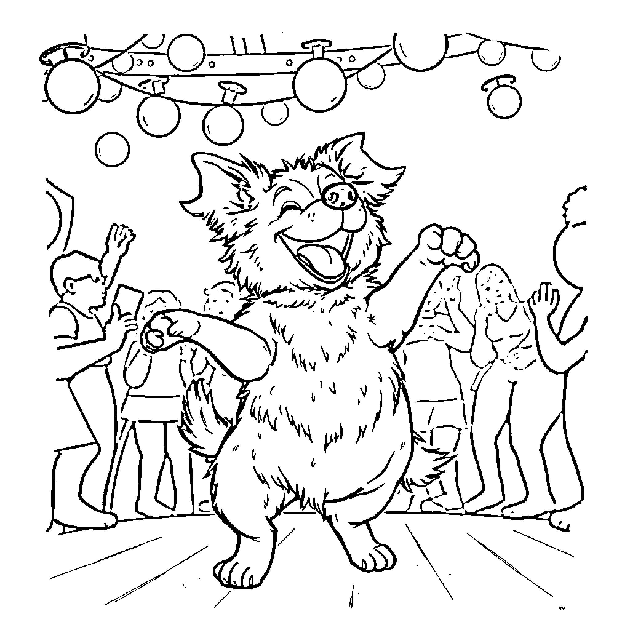 Dog dancing excitedly at a party Coloring Page (free black-and-white line drawing printable PDF for all, from beginners to advanced learners, including children, teens, adults, and seniors)
