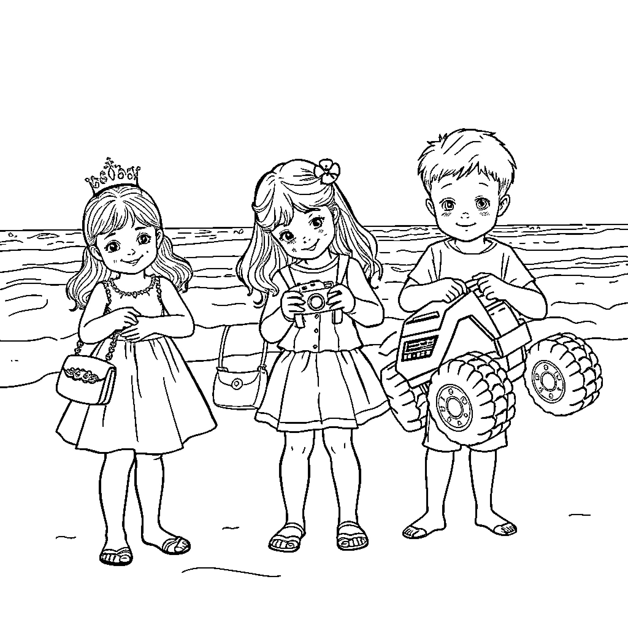 Children playing happily on the beach Coloring Page (free black-and-white line drawing printable PDF for all, from beginners to advanced learners, including children, teens, adults, and seniors)