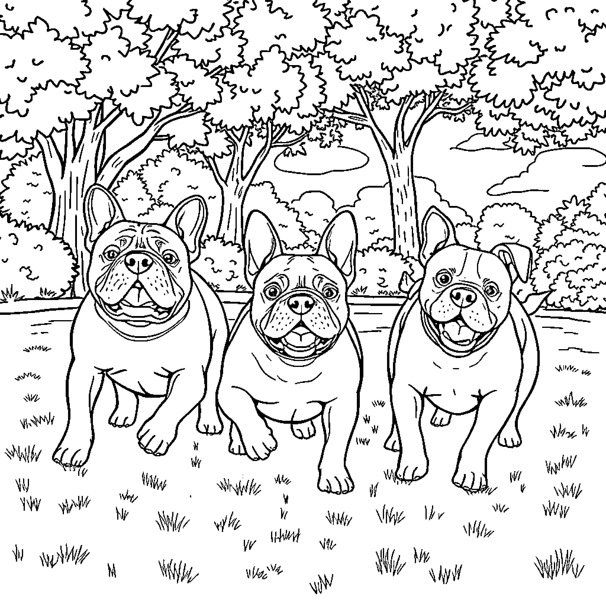 Bulldog trio enjoying outdoor scene Coloring Page (free black-and-white line drawing printable PDF for all, from beginners to advanced learners, including children, teens, adults, and seniors)