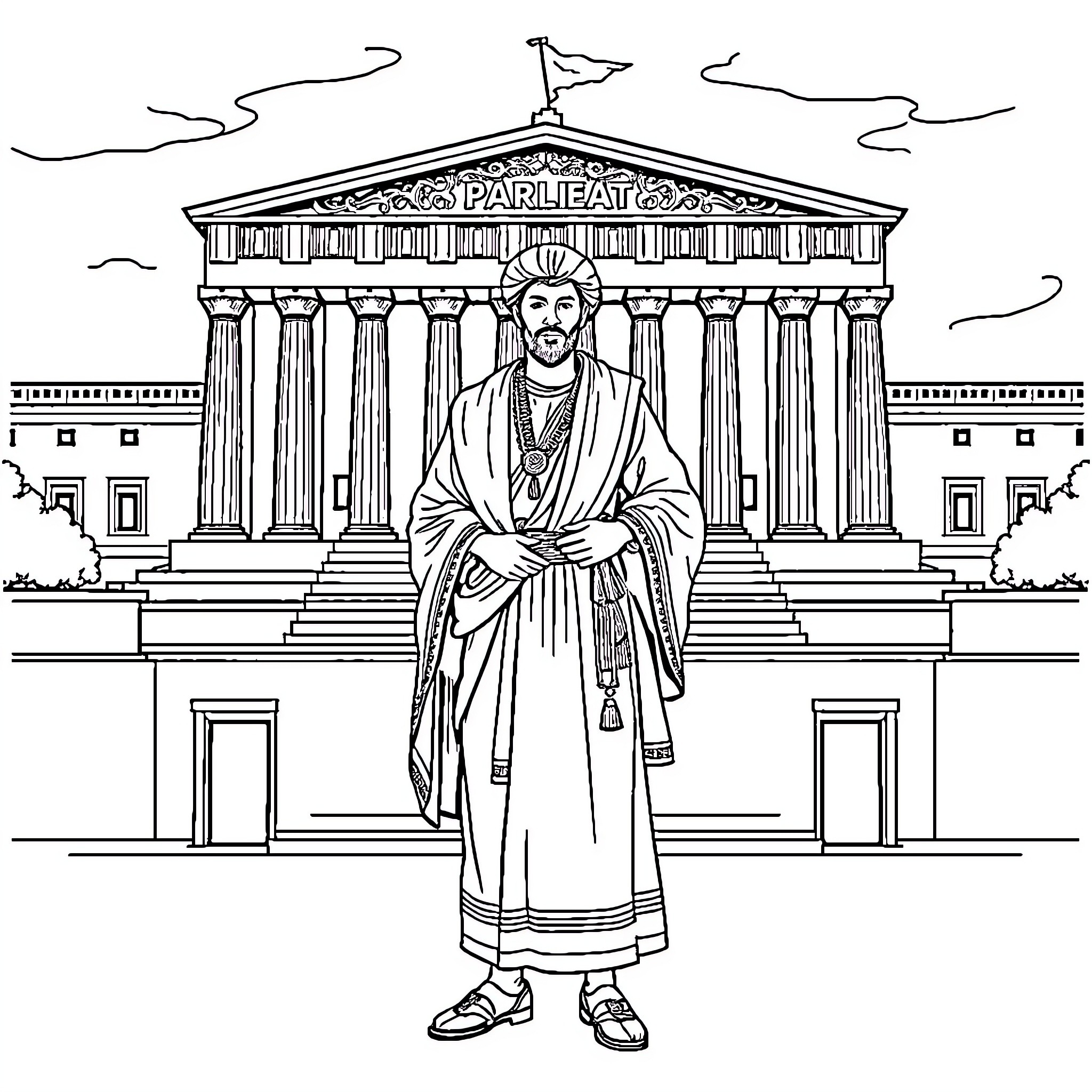 Tsolias standing before an ancient Greek temple Coloring Page (free black-and-white line drawing printable PDF for all, from beginners to advanced learners, including children, teens, adults, and seniors)