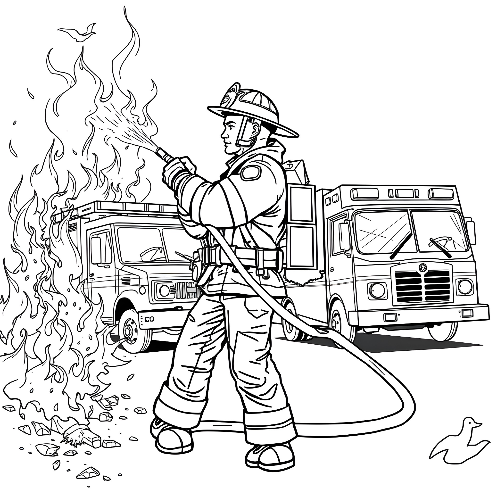 Fireman extinguishing a fire with a fire truck Coloring Page (free black-and-white line drawing printable PDF for all, from beginners to advanced learners, including children, teens, adults, and seniors)