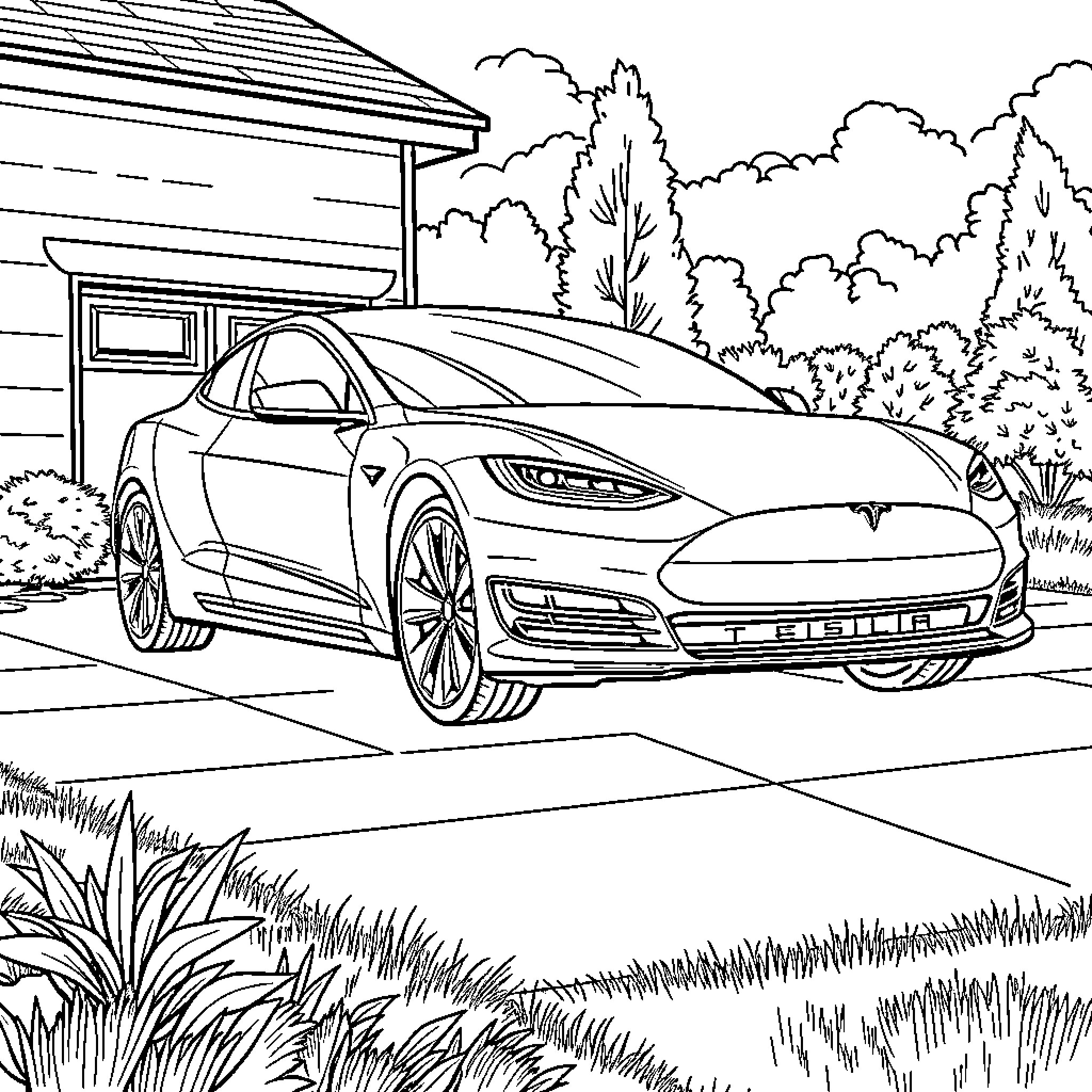 Tesla electric car parked in a scenic landscape Coloring Page (free black-and-white line drawing printable PDF for all, from beginners to advanced learners, including children, teens, adults, and seniors)