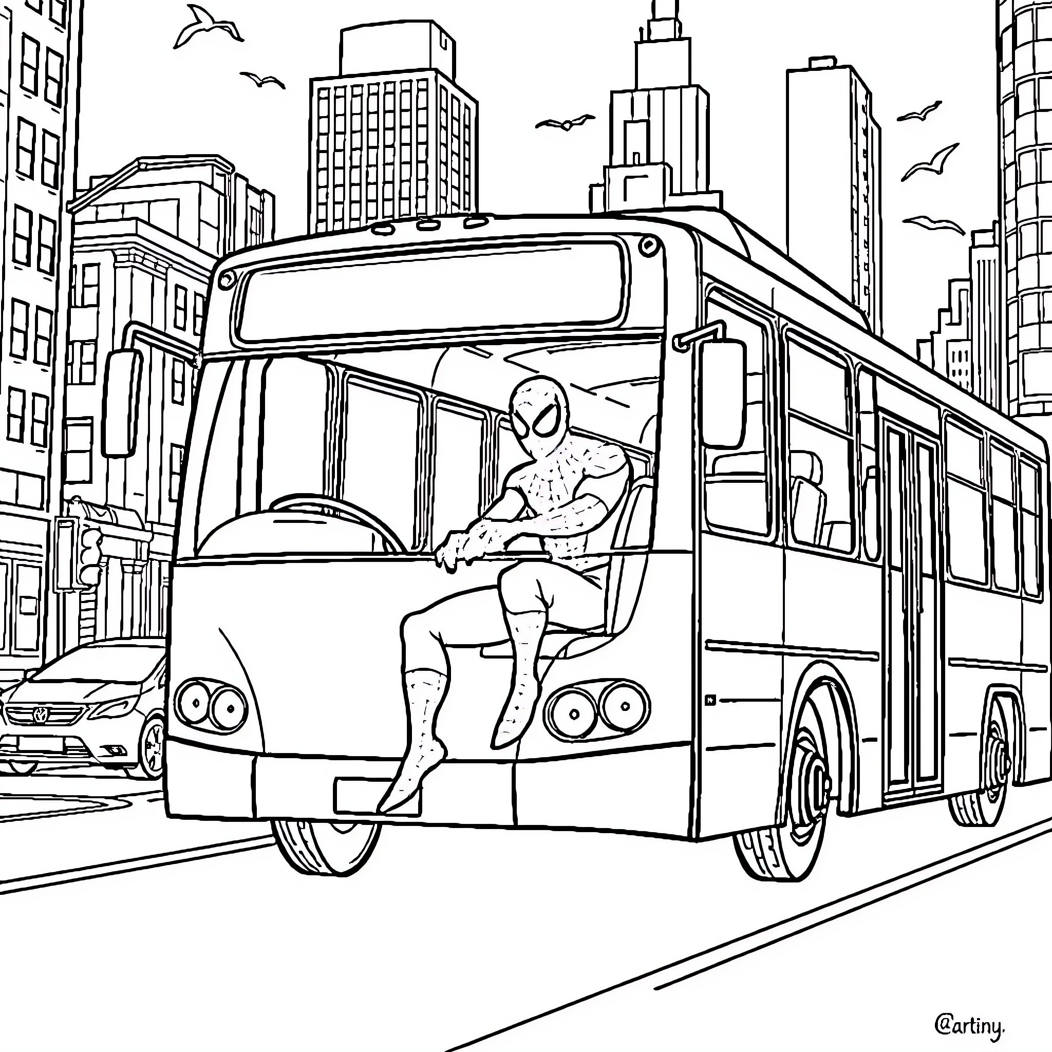Spider-Man riding a bus through the city Coloring Page (free black-and-white line drawing printable PDF for all, from beginners to advanced learners, including children, teens, adults, and seniors)
