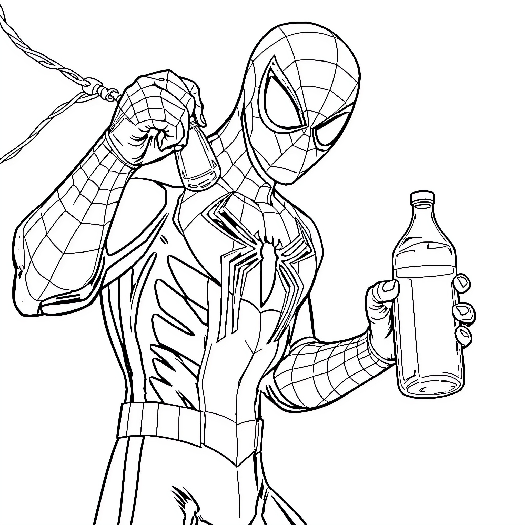 Spider-Man swinging with bottle in hand Coloring Page (free black-and-white line drawing printable PDF for all, from beginners to advanced learners, including children, teens, adults, and seniors)
