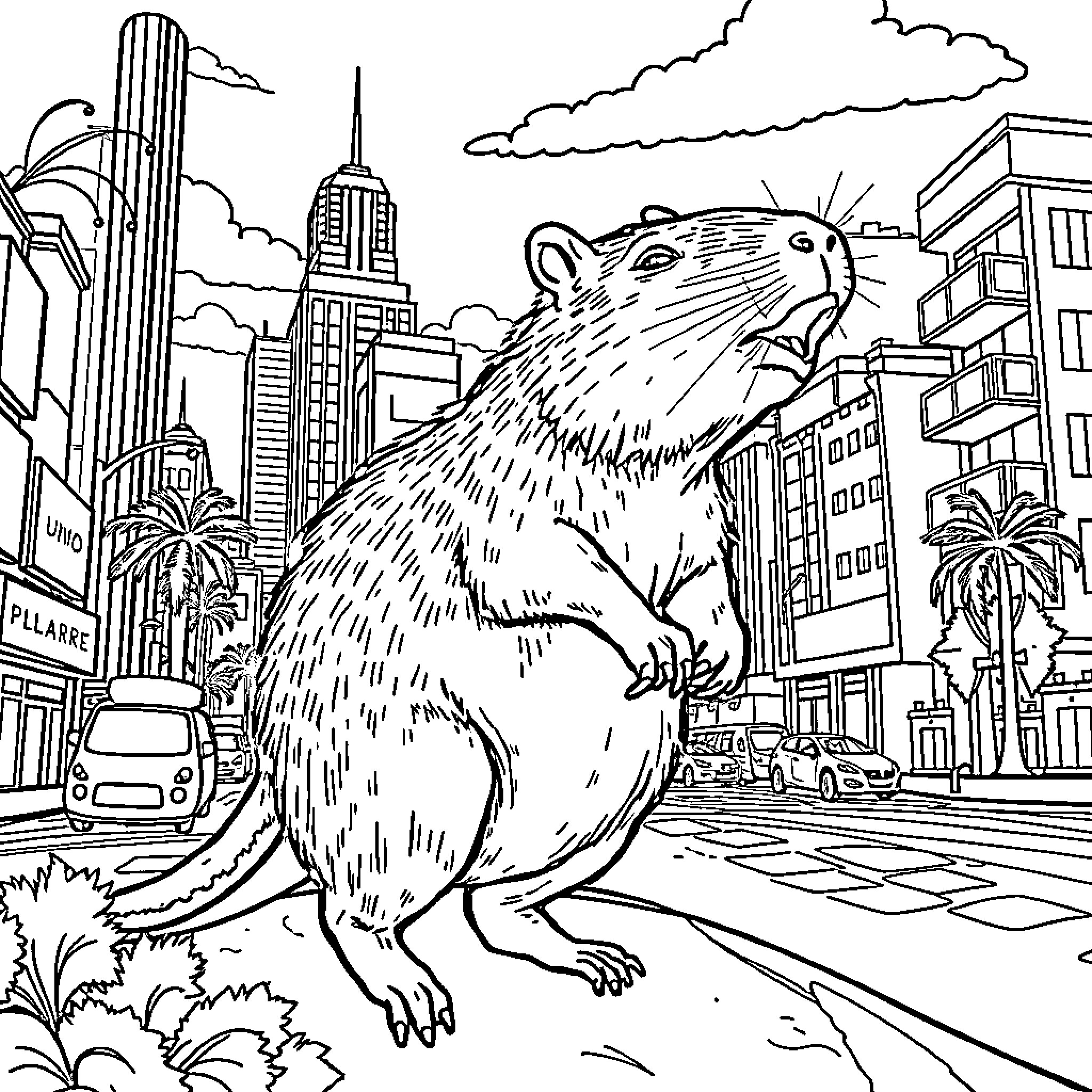 Capybara exploring the bustling city streets Coloring Page (free black-and-white line drawing printable PDF for all, from beginners to advanced learners, including children, teens, adults, and seniors)
