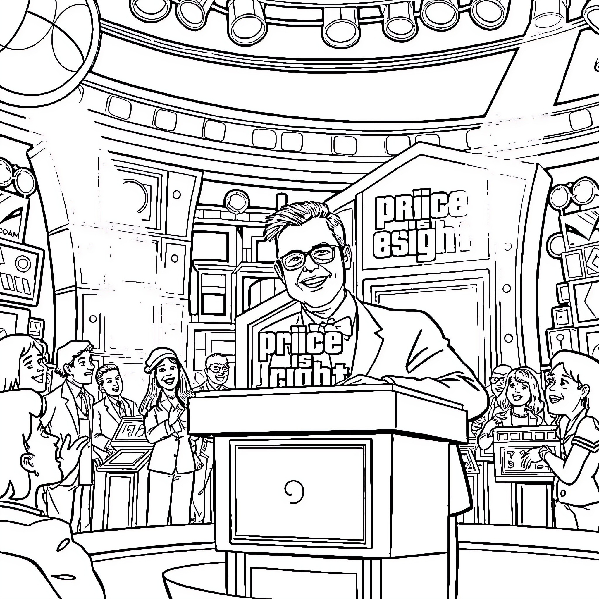 Drew Carey hosting game show Price is Right Coloring Page (free black-and-white line drawing printable PDF for all, from beginners to advanced learners, including children, teens, adults, and seniors)