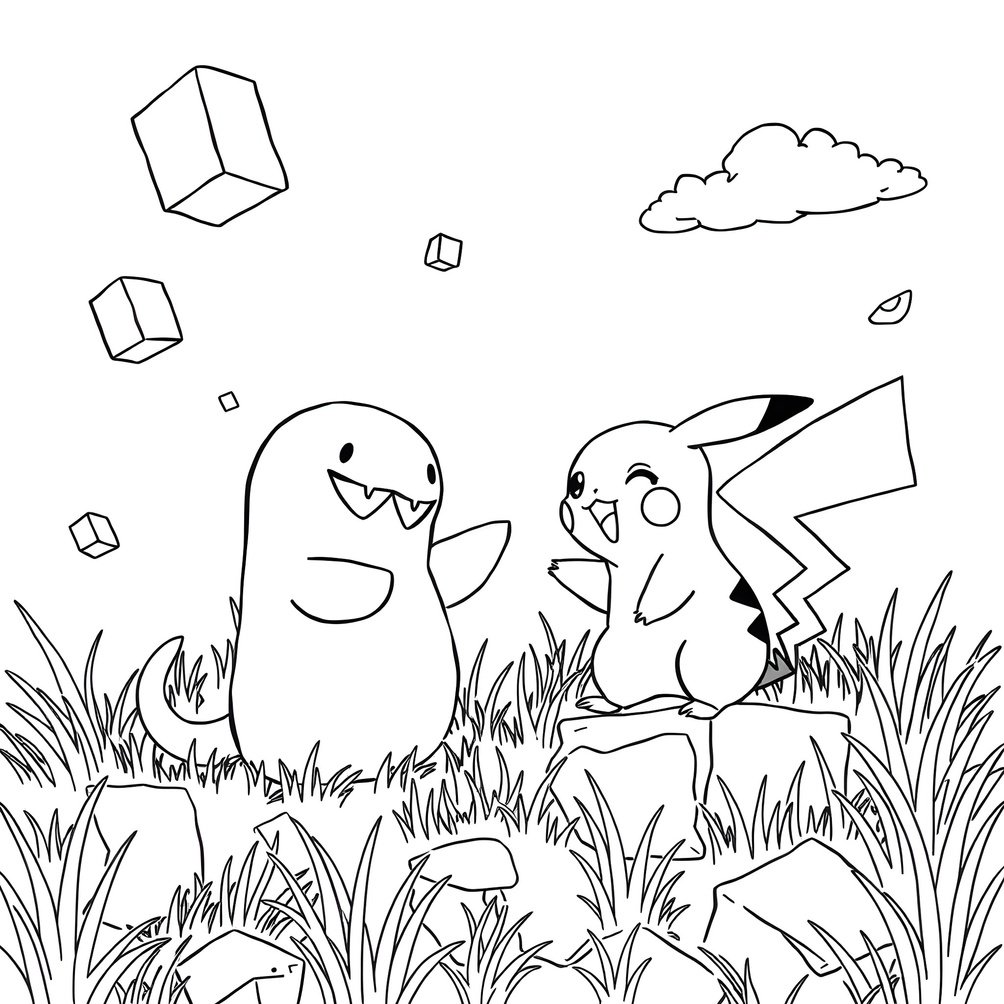 Enderman and Pikachu playing in the grass Coloring Page (free black-and-white line drawing printable PDF for all, from beginners to advanced learners, including children, teens, adults, and seniors)