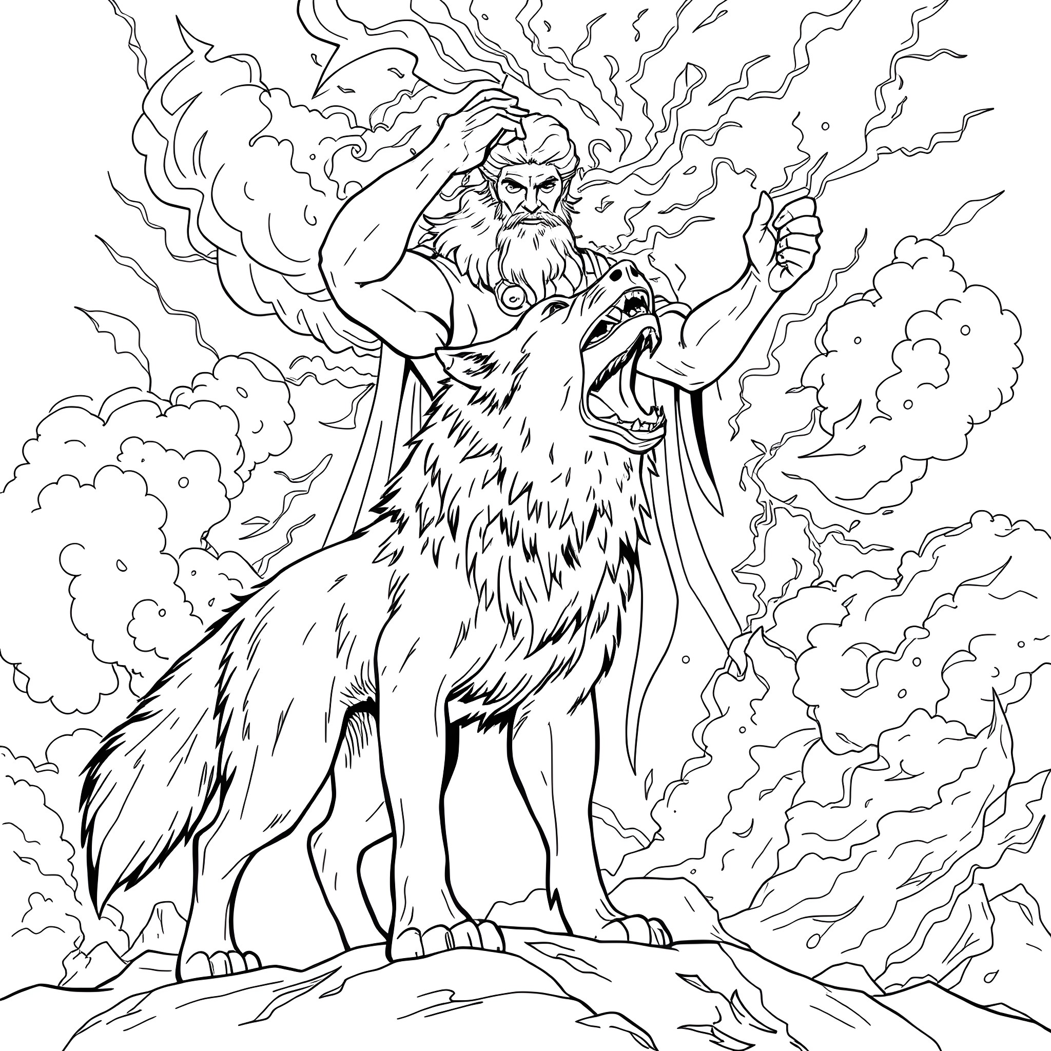 Wolf howling in the stormy sky Coloring Page (free black-and-white line drawing printable PDF for all, from beginners to advanced learners, including children, teens, adults, and seniors)