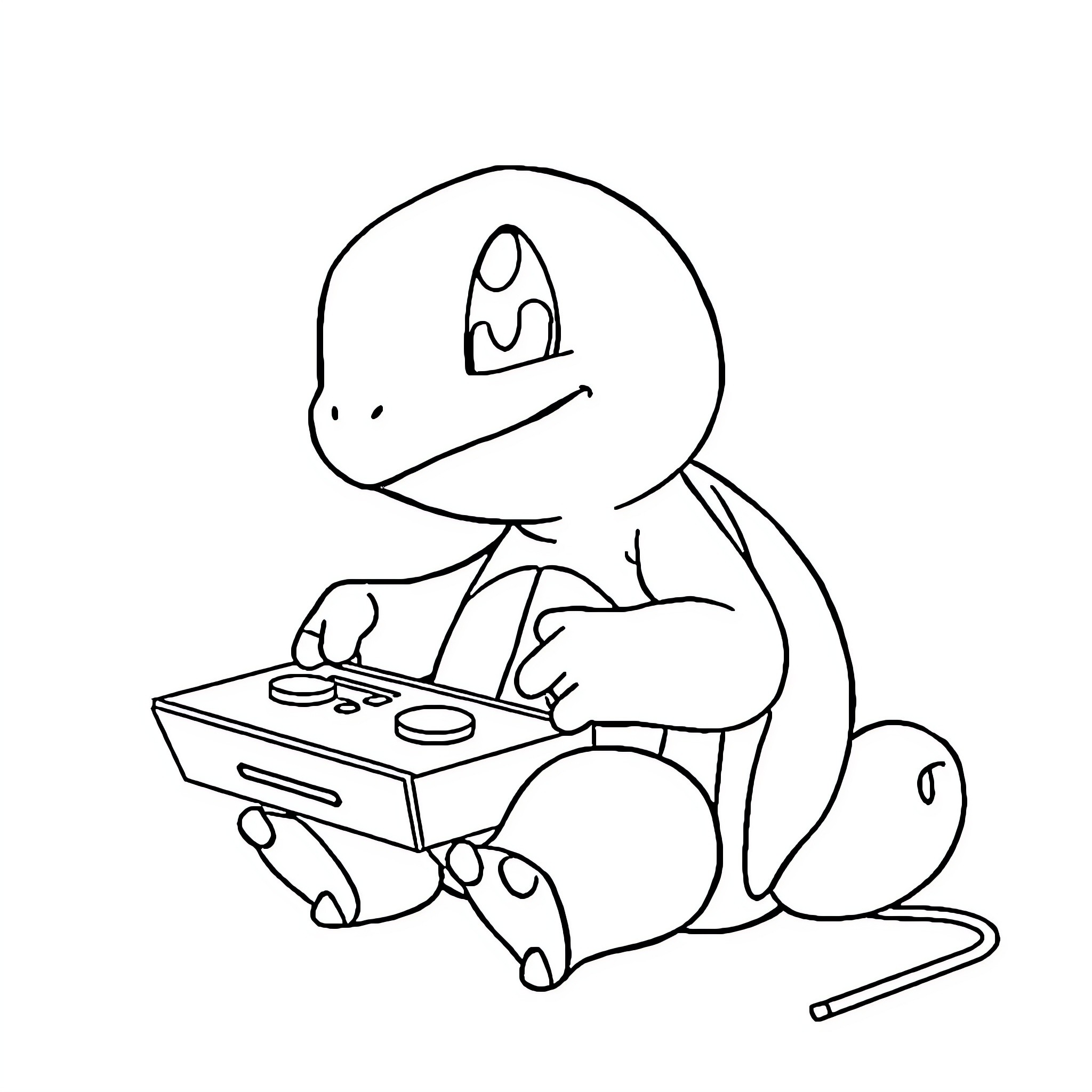 Squirtle playing video games happily Coloring Page (free black-and-white line drawing printable PDF for all, from beginners to advanced learners, including children, teens, adults, and seniors)