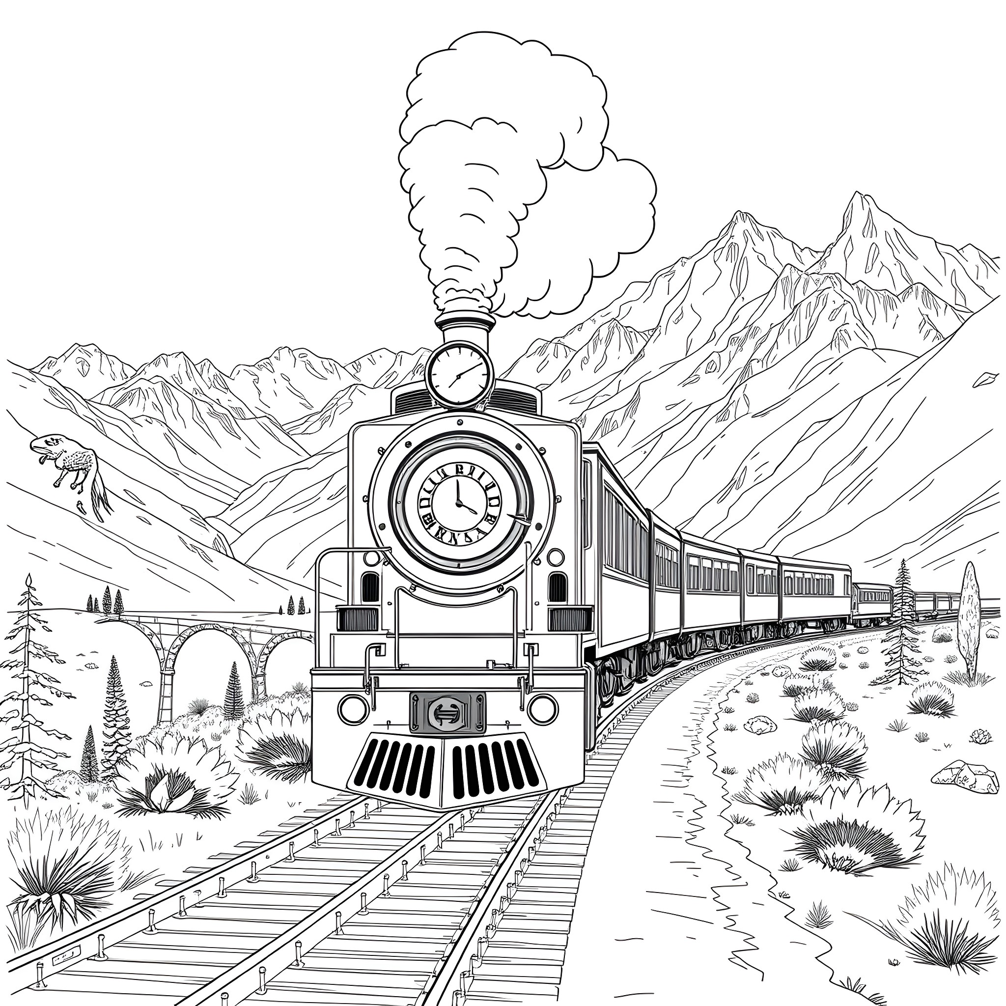 Belmond Hiram Bingham train traversing majestic mountain scenery Coloring Page (free black-and-white line drawing printable PDF for all, from beginners to advanced learners, including children, teens, adults, and seniors)