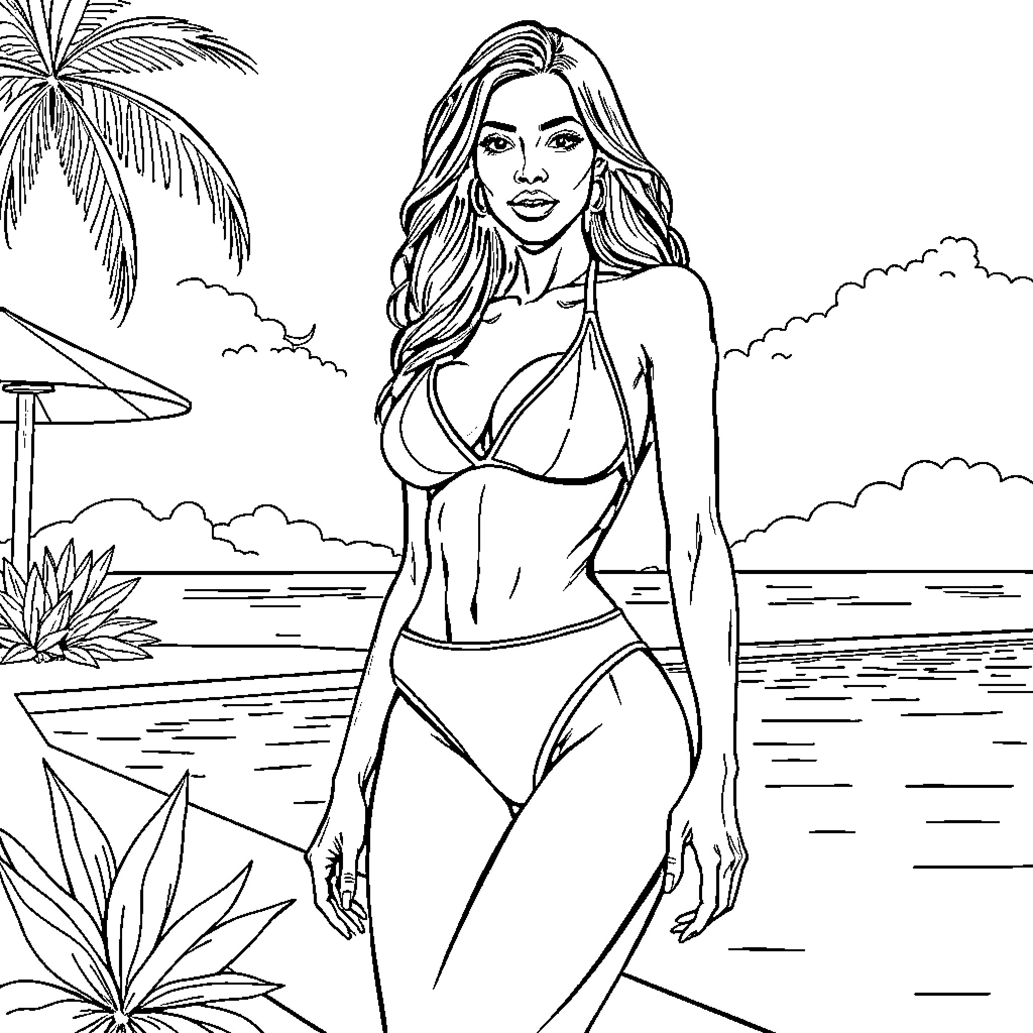 Naomi Campbell posing confidently in a tropical setting Coloring Page (free black-and-white line drawing printable PDF for all, from beginners to advanced learners, including children, teens, adults, and seniors)