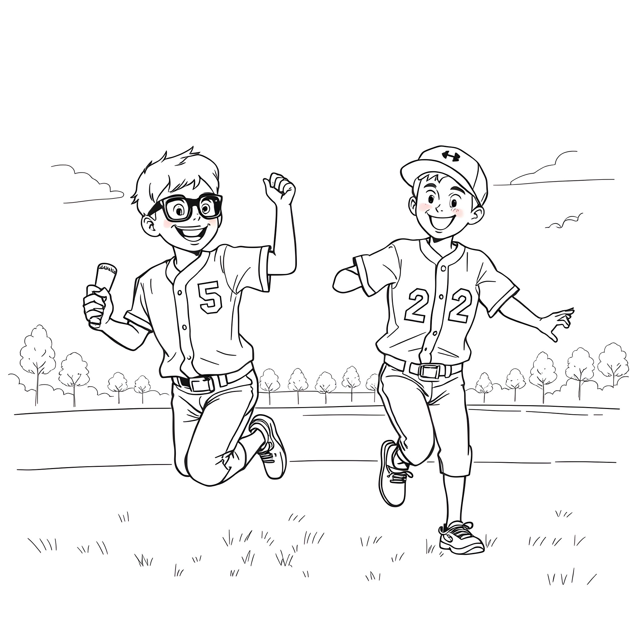 Boy athletes playing on the field Coloring Page (free black-and-white line drawing printable PDF for all, from beginners to advanced learners, including children, teens, adults, and seniors)