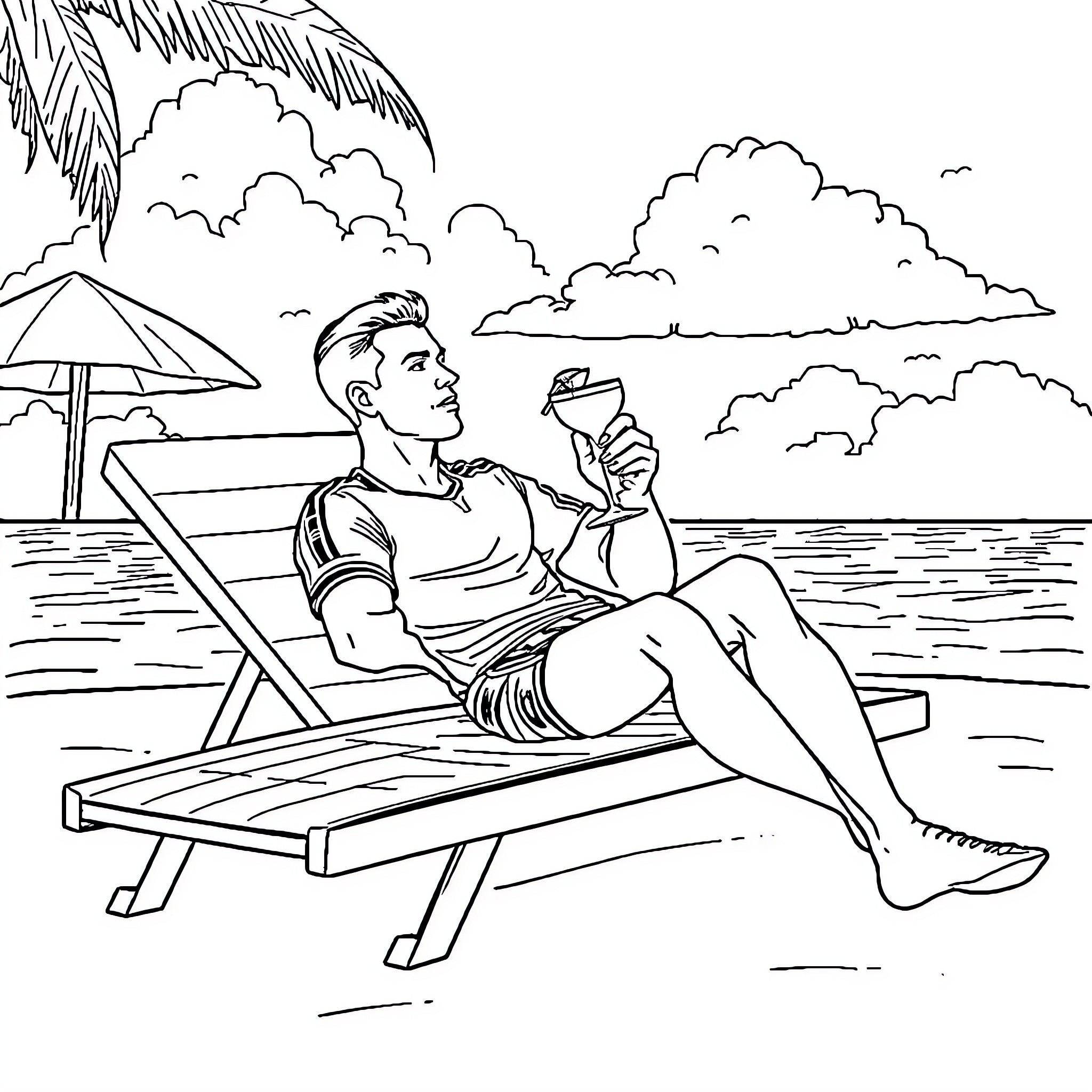 Ronaldo relaxing on the beach with a drink Coloring Page (free black-and-white line drawing printable PDF for all, from beginners to advanced learners, including children, teens, adults, and seniors)