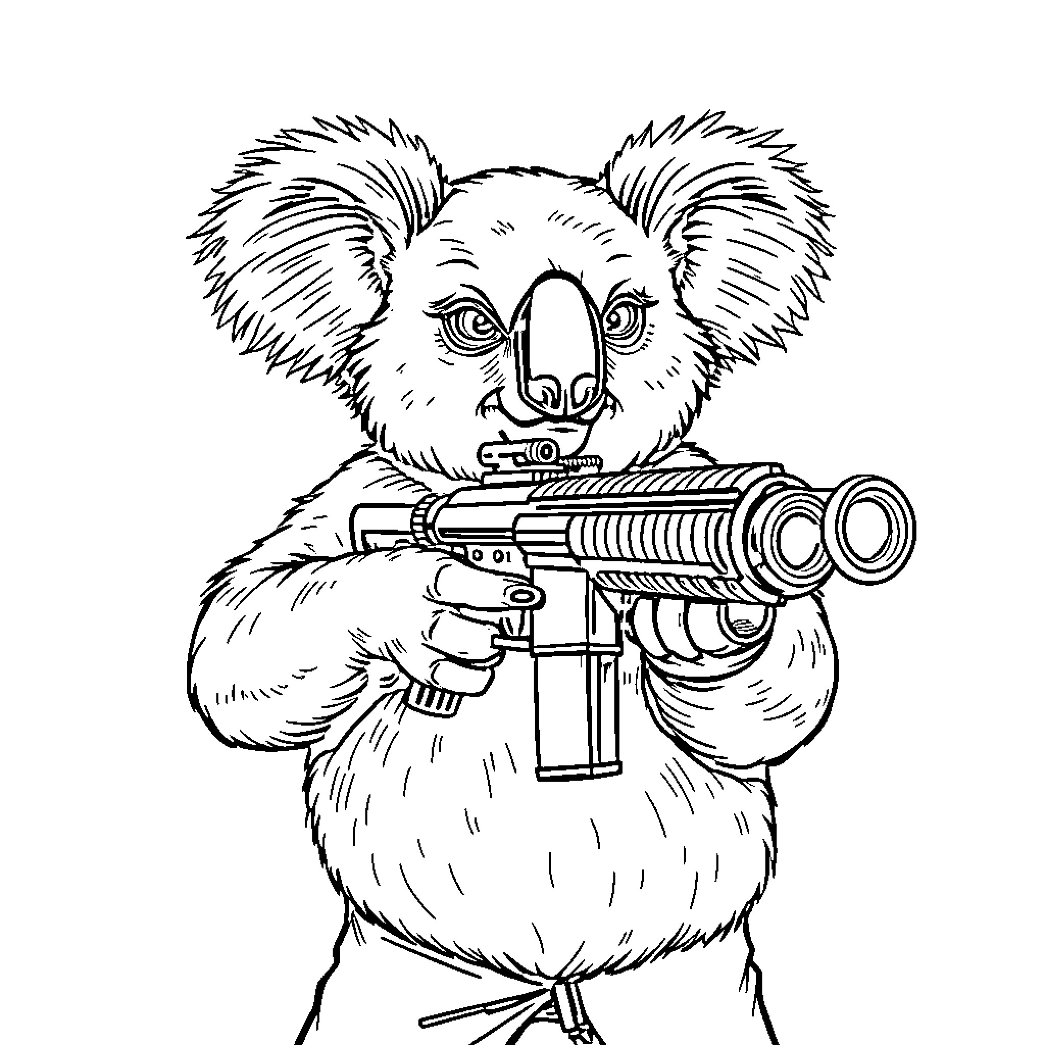 Koala wielding futuristic weapon Coloring Page (free black-and-white line drawing printable PDF for all, from beginners to advanced learners, including children, teens, adults, and seniors)