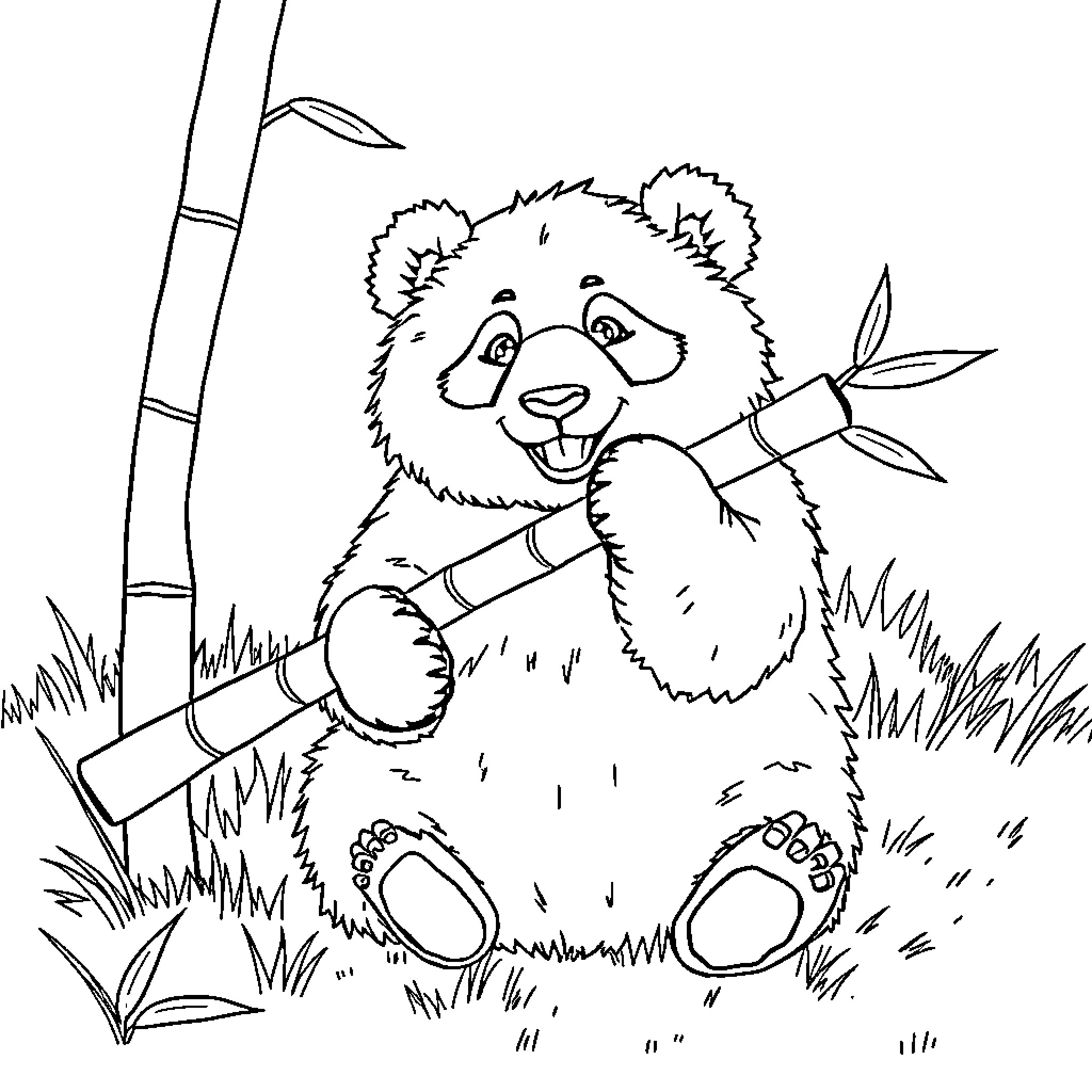 Panda playing with bamboo in the wild Coloring Page (free black-and-white line drawing printable PDF for all, from beginners to advanced learners, including children, teens, adults, and seniors)