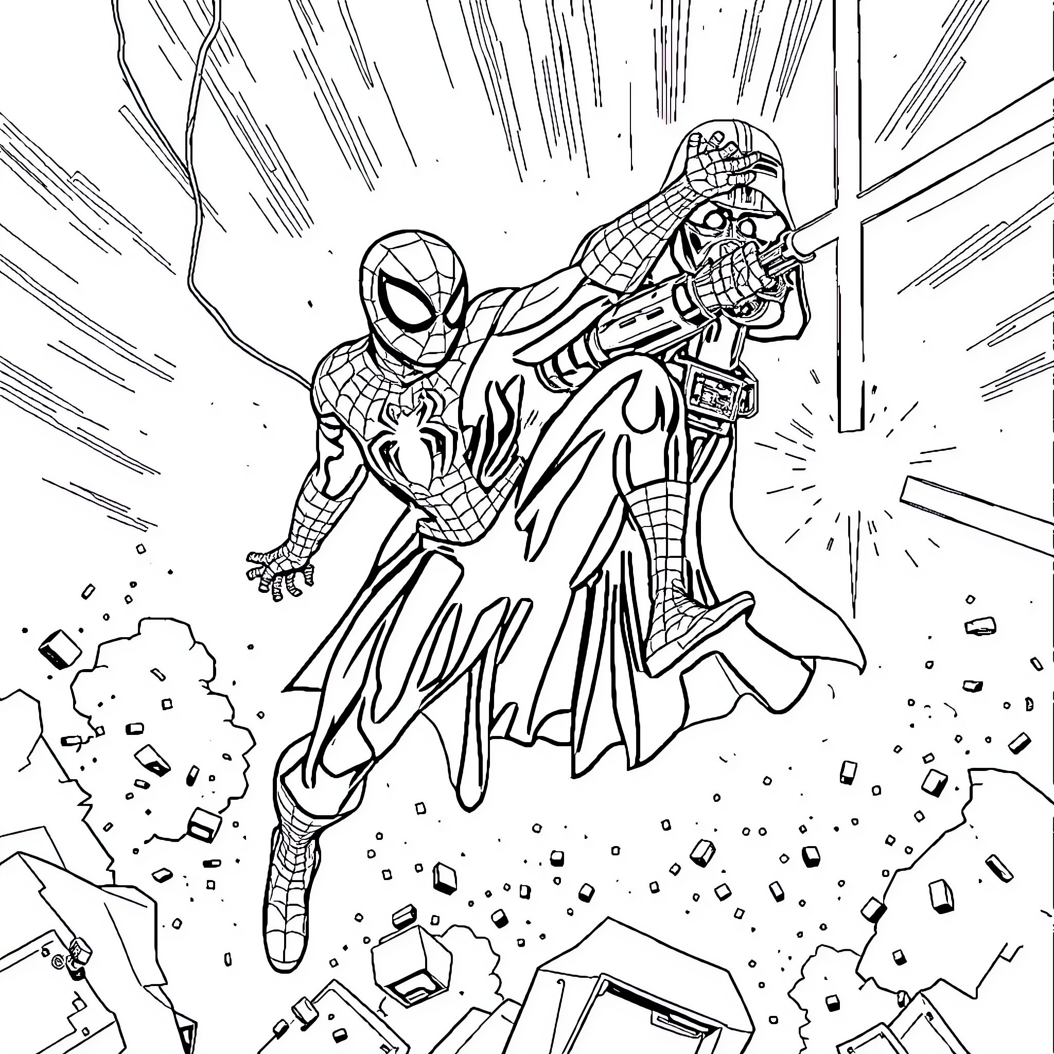 Spider-Man swinging into action with heroic pose Coloring Page (free black-and-white line drawing printable PDF for all, from beginners to advanced learners, including children, teens, adults, and seniors)