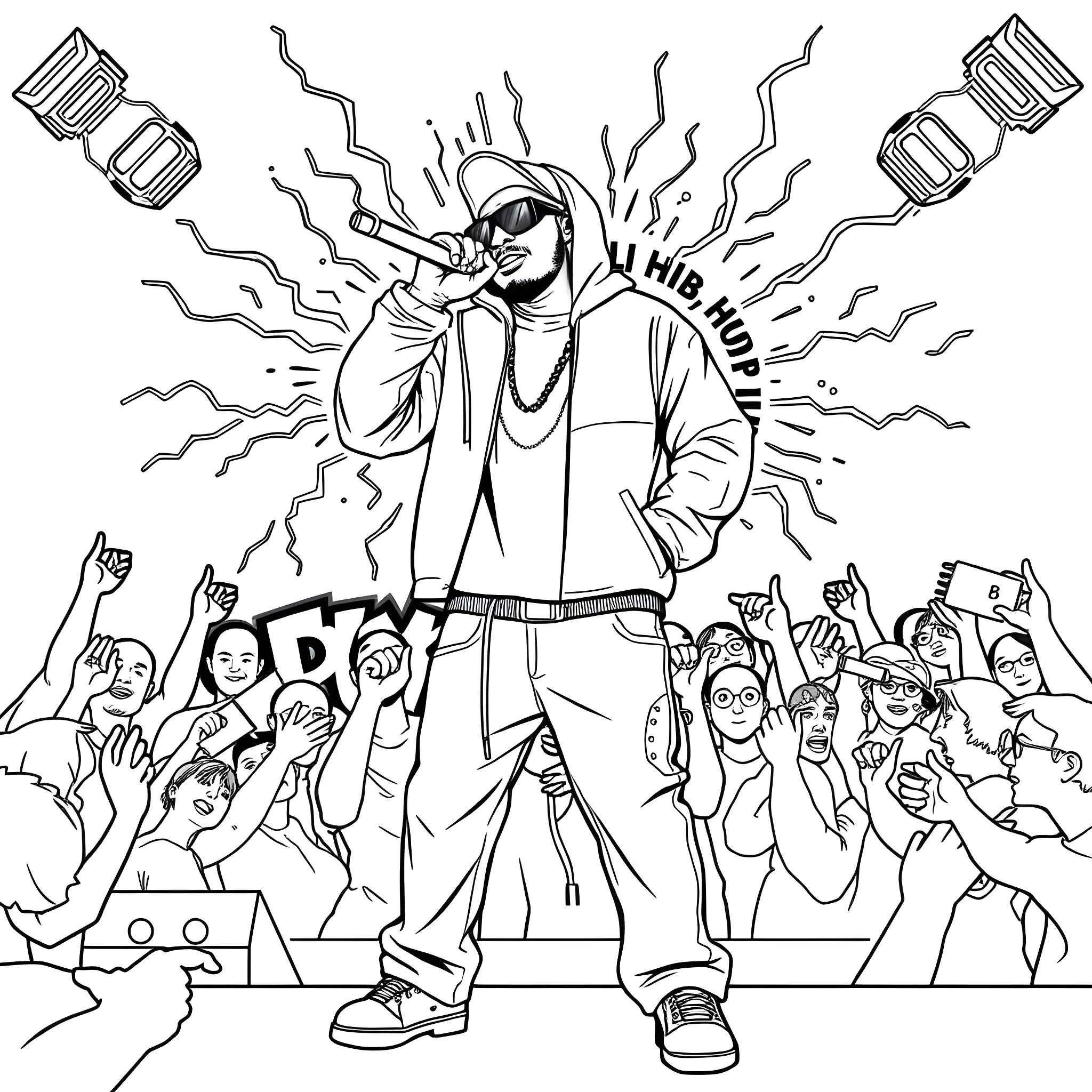 Rapper Performing on Stage with Enthusiastic Crowd Coloring Page (free black-and-white line drawing printable PDF for all, from beginners to advanced learners, including children, teens, adults, and seniors)