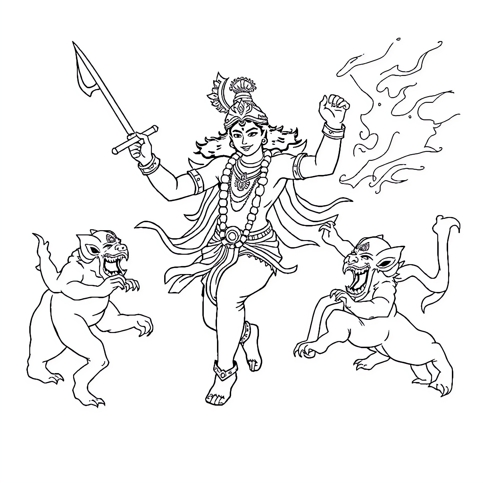 Krishna's Fierce Dance with Demons Coloring Page (free black-and-white line drawing printable PDF for all, from beginners to advanced learners, including children, teens, adults, and seniors)
