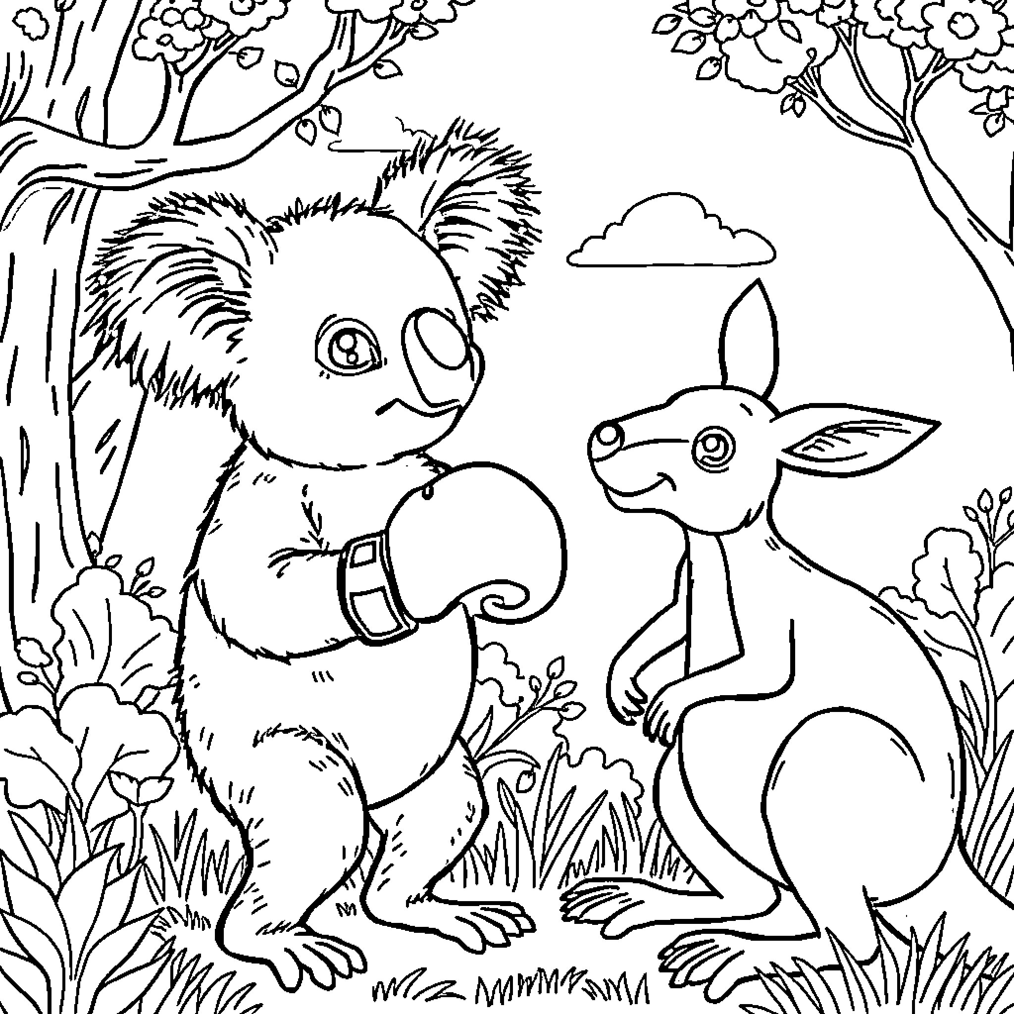 Koala and Kangaroo Exploring the Enchanted Forest Coloring Page (free black-and-white line drawing printable PDF for all, from beginners to advanced learners, including children, teens, adults, and seniors)