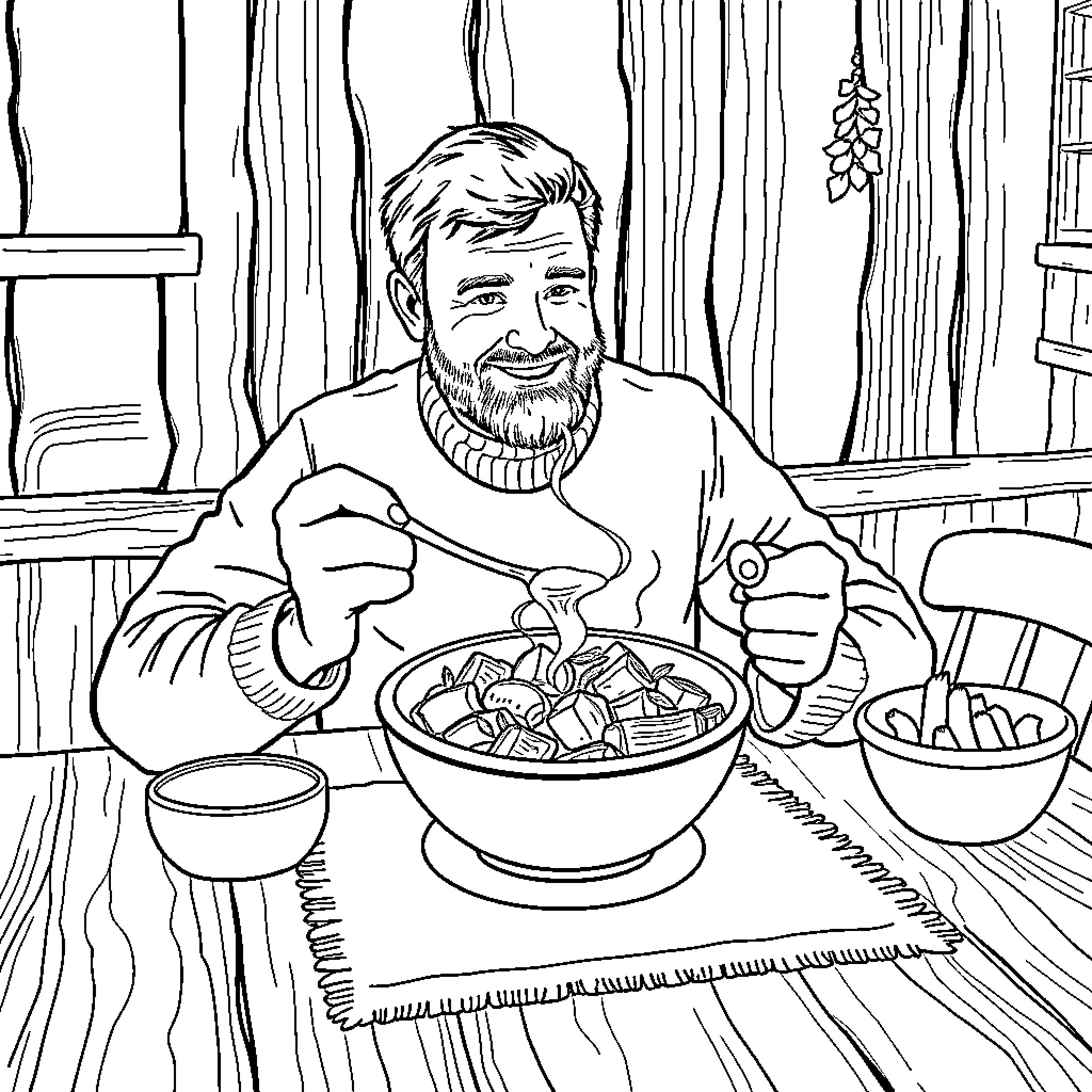 Finnish Guy Enjoys Hearty Meal in Cozy Cabin Coloring Page (free black-and-white line drawing printable PDF for all, from beginners to advanced learners, including children, teens, adults, and seniors)