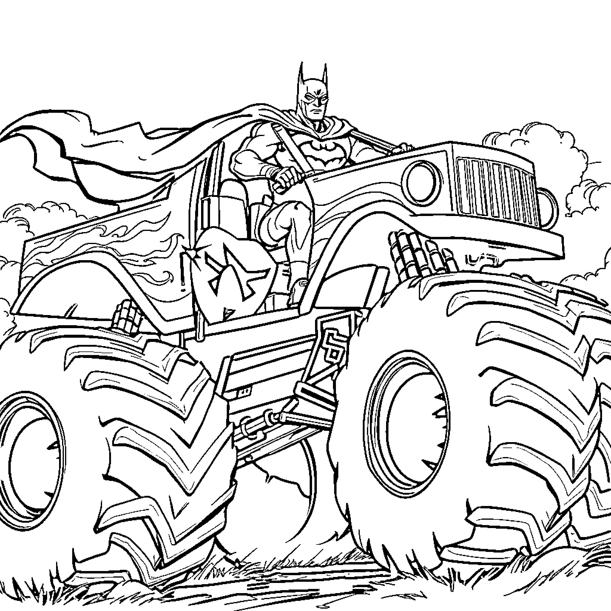 Batman Driving Monster Truck through Rugged Terrain Coloring Page (free black-and-white line drawing printable PDF for all, from beginners to advanced learners, including children, teens, adults, and seniors)