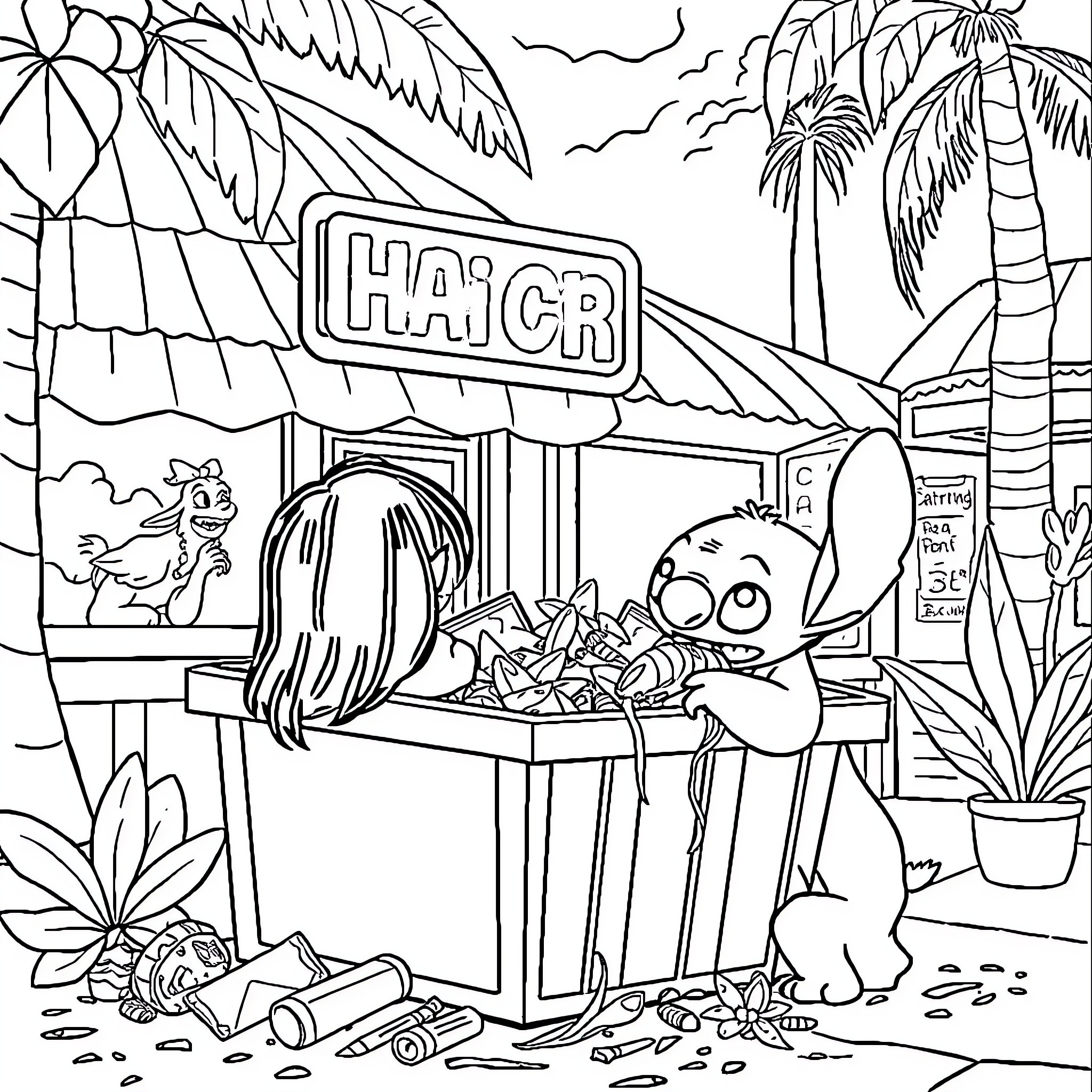 Lilo And Stitch at the Hawaiian Convenience Store Coloring Page (free black-and-white line drawing printable PDF for all, from beginners to advanced learners, including children, teens, adults, and seniors)
