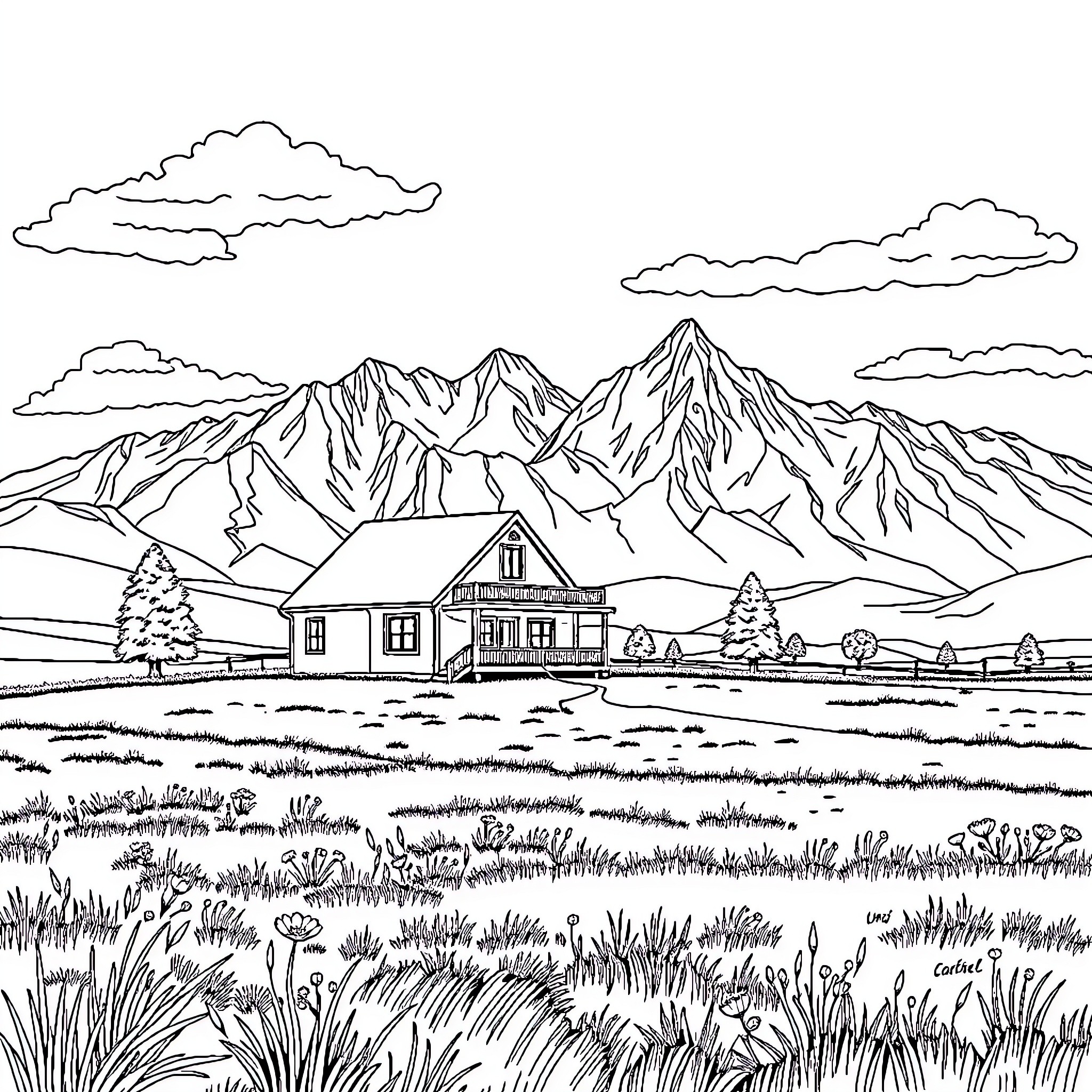 House with Mountain Landscape in the Background Coloring Page (free black-and-white line drawing printable PDF for all, from beginners to advanced learners, including children, teens, adults, and seniors)