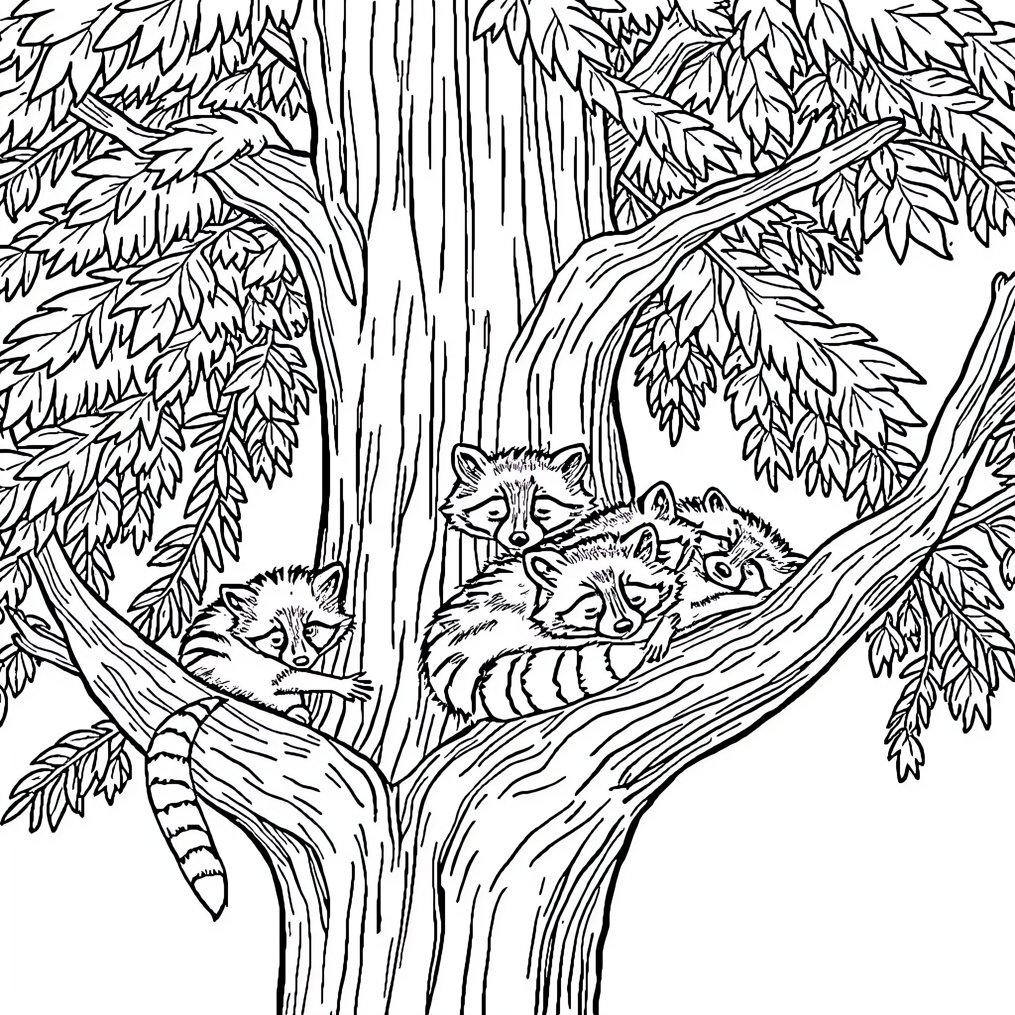 Raccoon family snuggling in a tree Coloring Page (free black-and-white line drawing printable PDF for all, from beginners to advanced learners, including children, teens, adults, and seniors)
