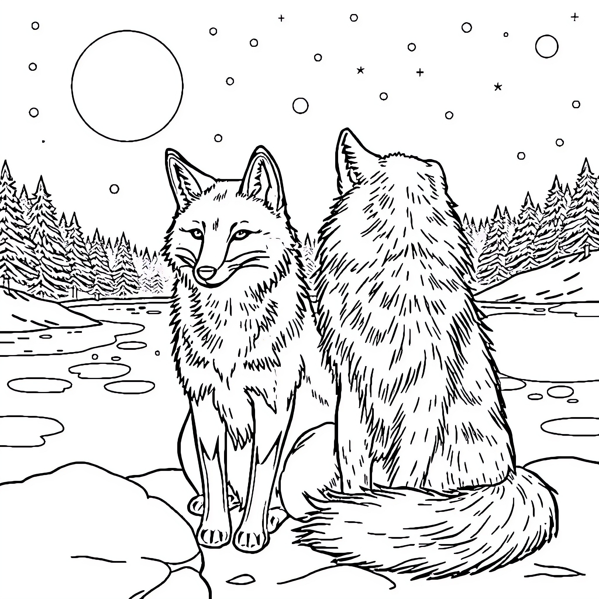 Fox duo gazing at the night sky Coloring Page (free black-and-white line drawing printable PDF for all, from beginners to advanced learners, including children, teens, adults, and seniors)