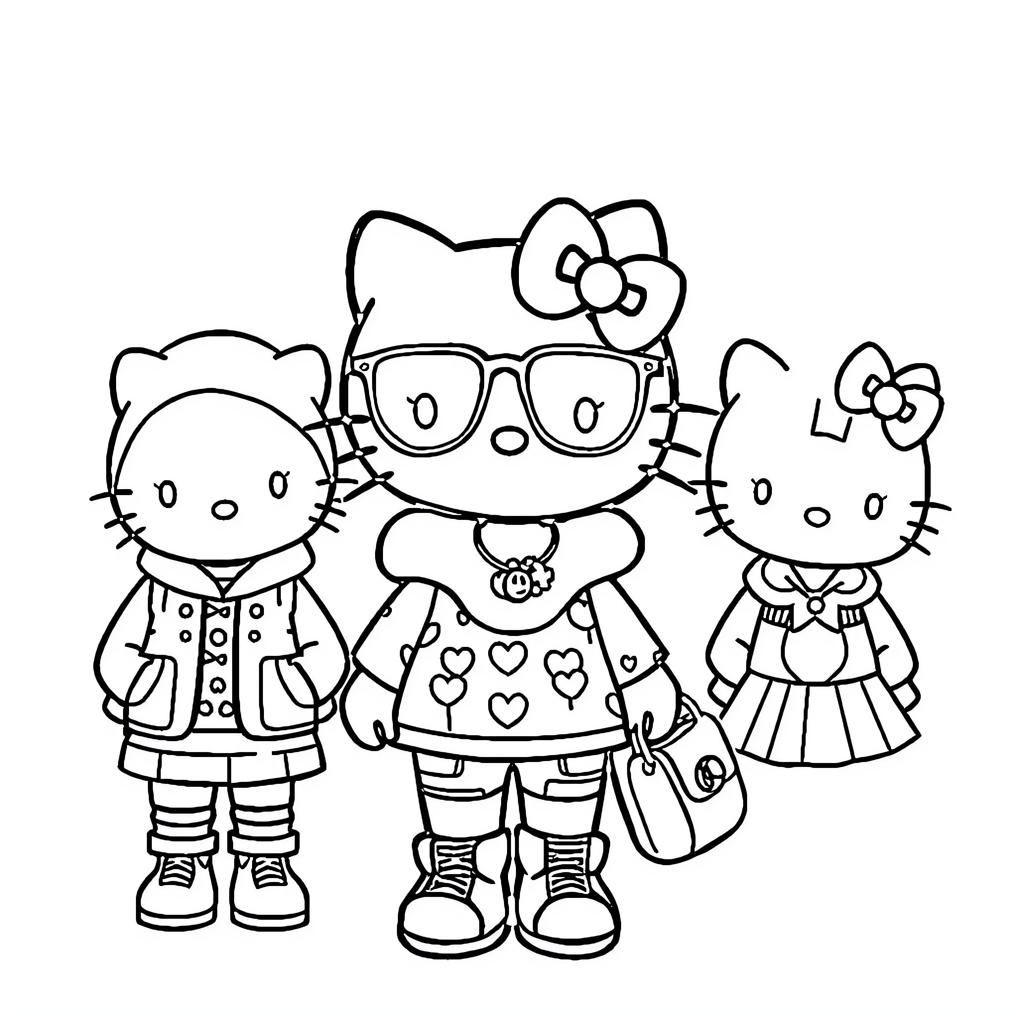 Hello Kitty with friends in casual outfits Coloring Page (free black-and-white line drawing printable PDF for all, from beginners to advanced learners, including children, teens, adults, and seniors)
