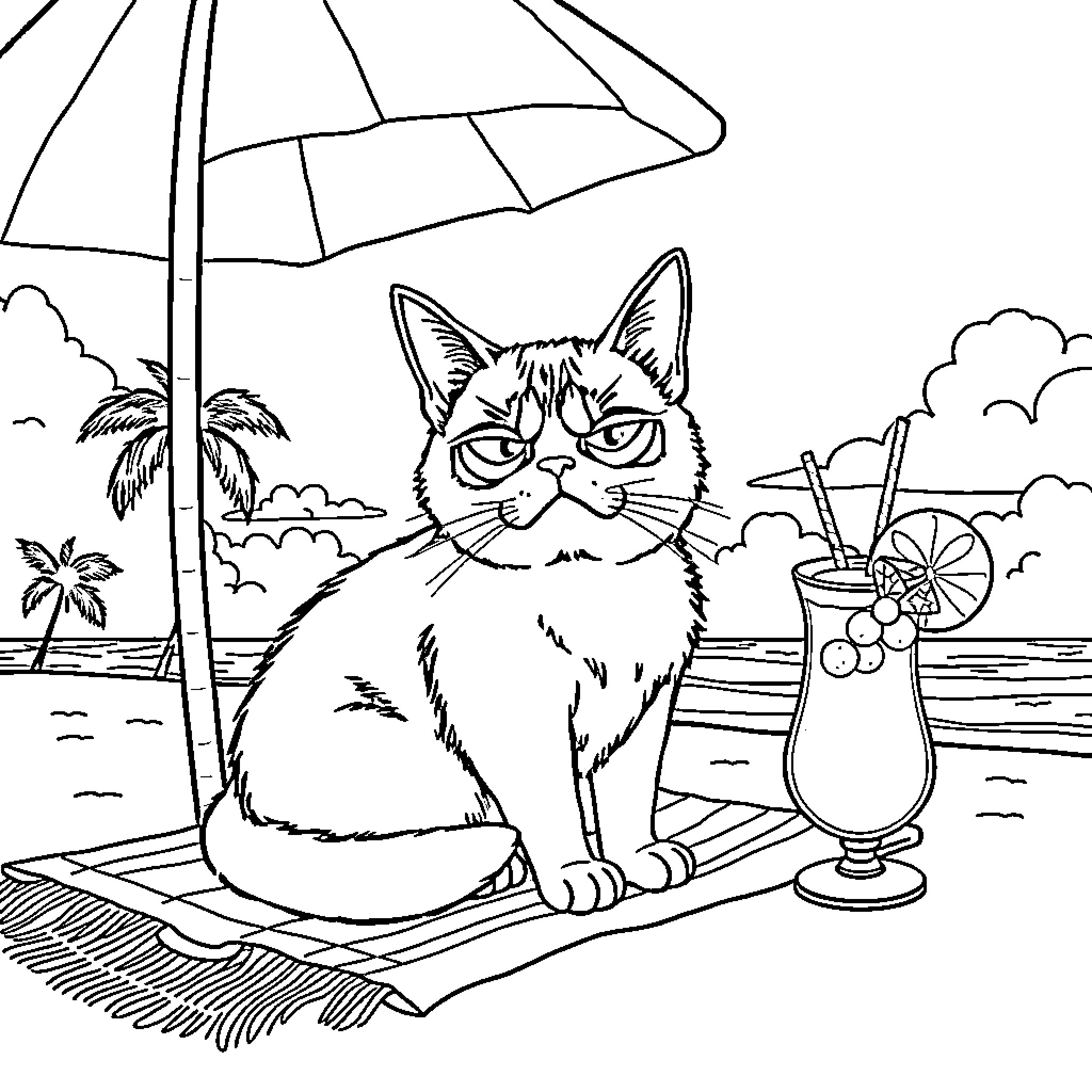 Cat relaxing on the beach under an umbrella Coloring Page (free black-and-white line drawing printable PDF for all, from beginners to advanced learners, including children, teens, adults, and seniors)