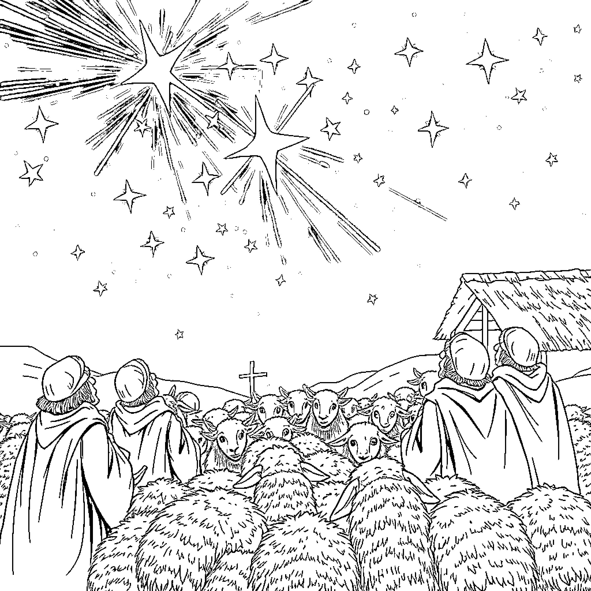 Shepherd's peaceful night with the flock under the stars Coloring Page (free black-and-white line drawing printable PDF for all, from beginners to advanced learners, including children, teens, adults, and seniors)