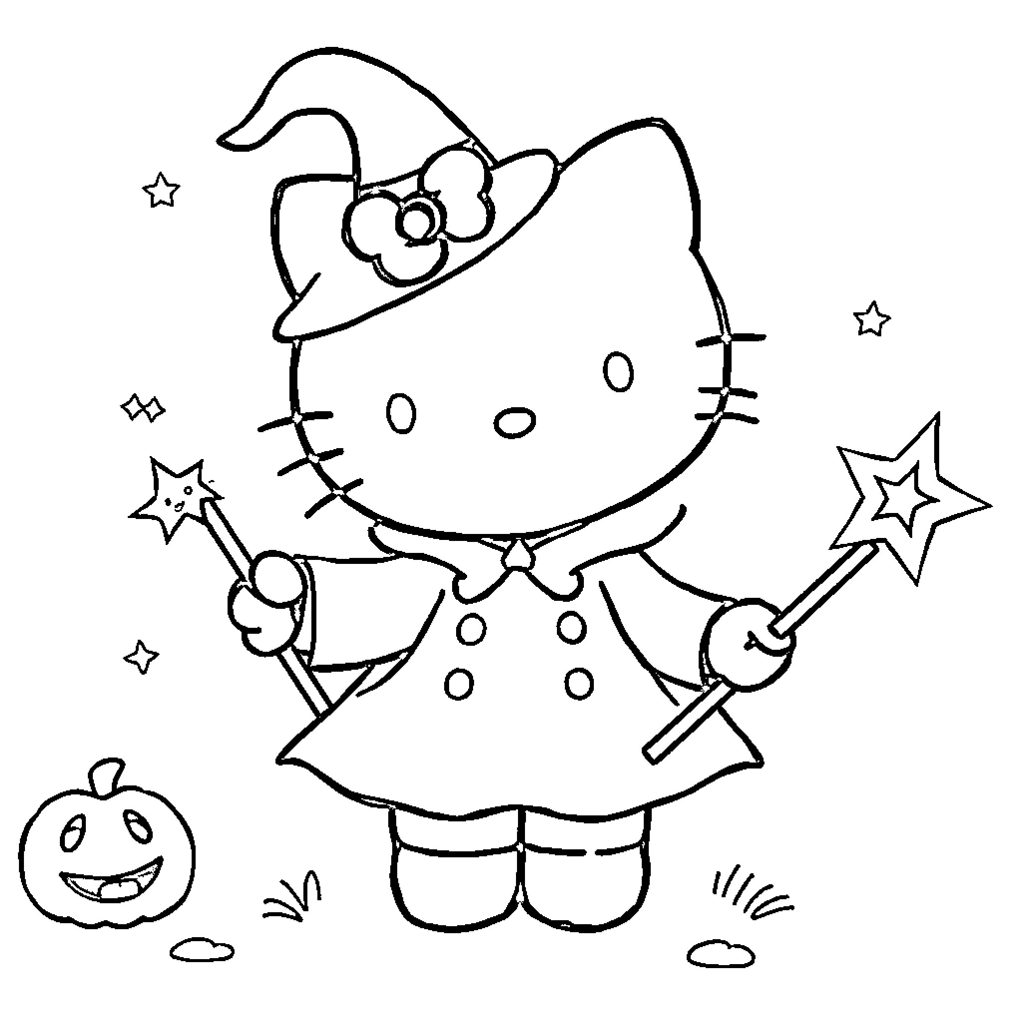 Hello Kitty Witch with Magic Wand and Pumpkin Coloring Page (free black-and-white line drawing printable PDF for all, from beginners to advanced learners, including children, teens, adults, and seniors)