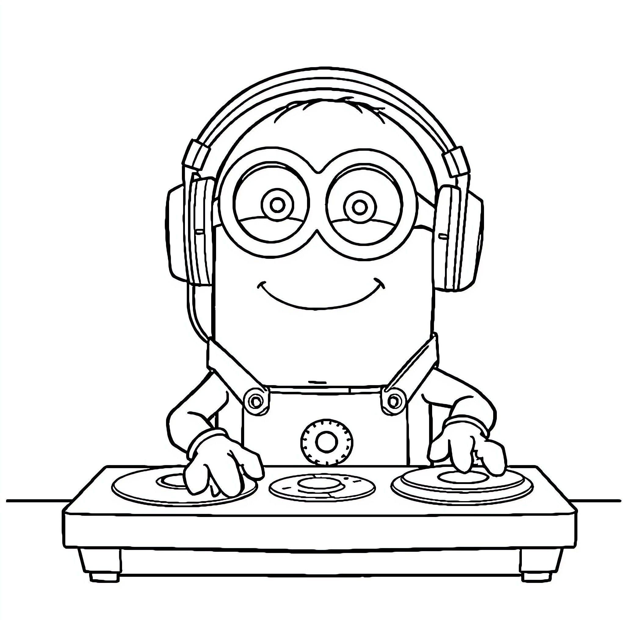 Minion DJ spinning tunes with headphones Coloring Page (free black-and-white line drawing printable PDF for all, from beginners to advanced learners, including children, teens, adults, and seniors)