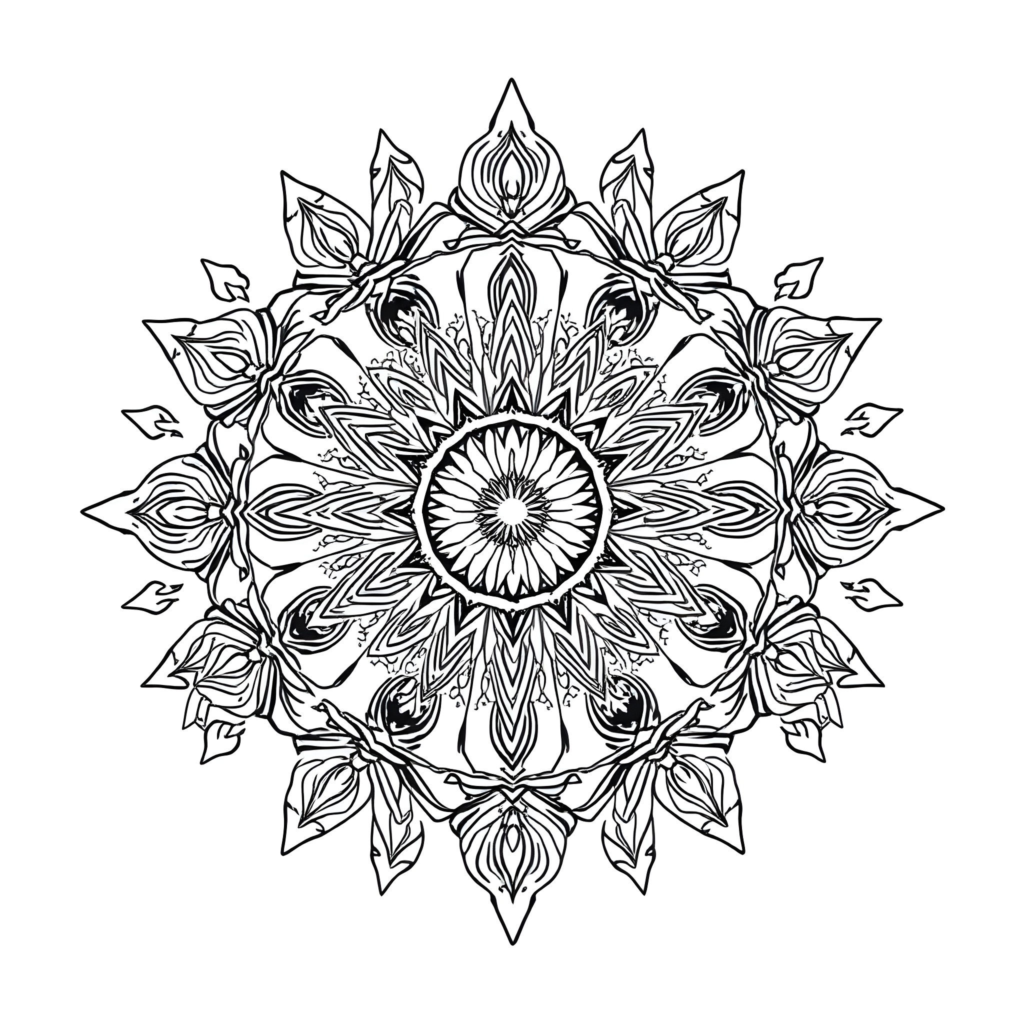 Mandala with intricate floral and geometric patterns Coloring Page (free black-and-white line drawing printable PDF for all, from beginners to advanced learners, including children, teens, adults, and seniors)