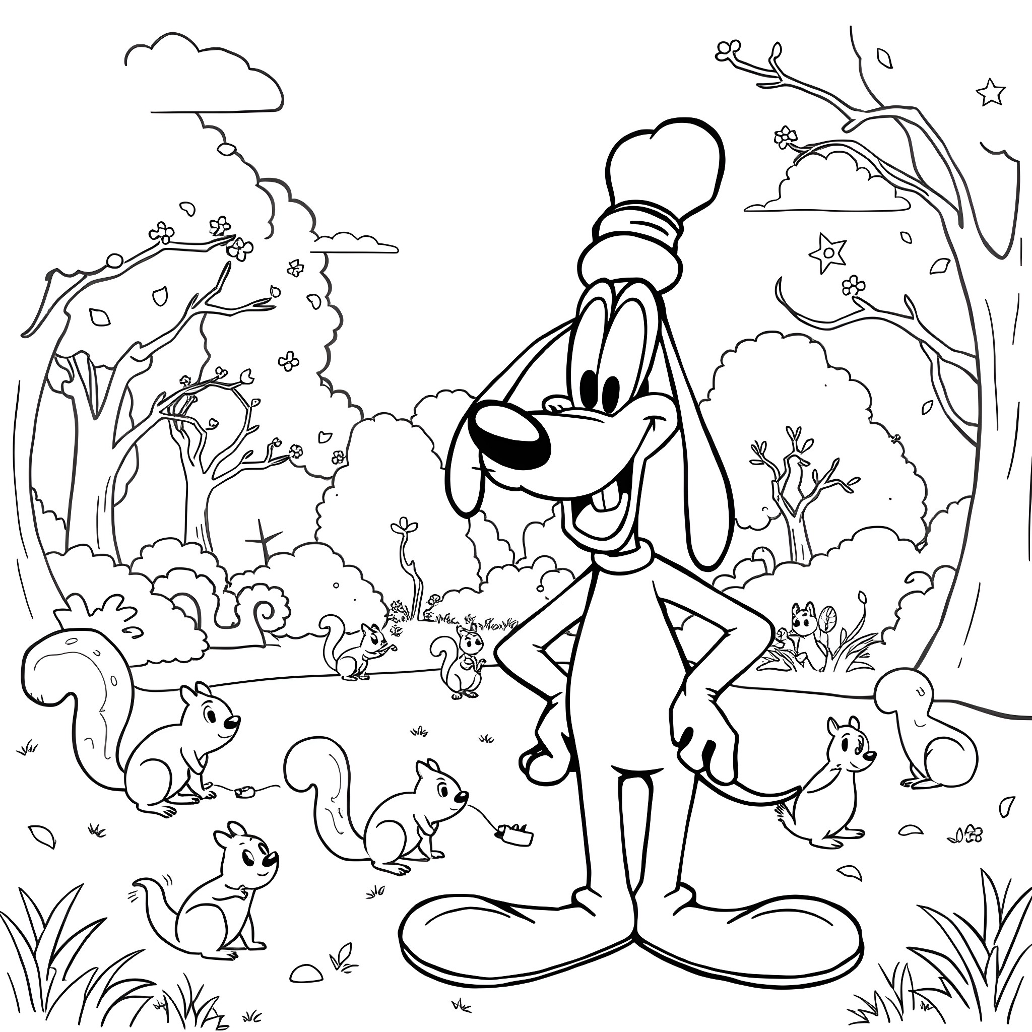 Goofy character in a whimsical forest setting Coloring Page (free black-and-white line drawing printable PDF for all, from beginners to advanced learners, including children, teens, adults, and seniors)