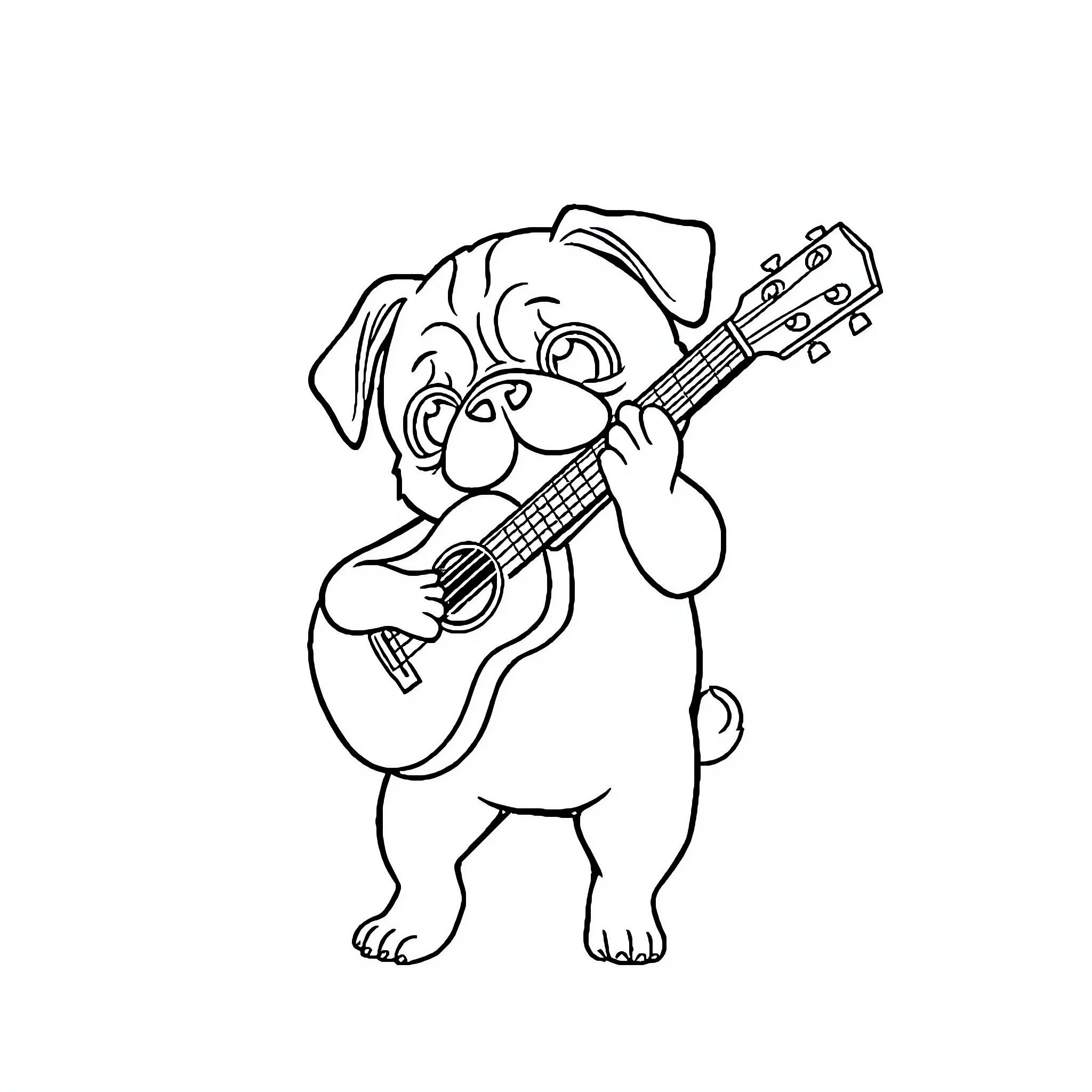 Pug playing guitar happily Coloring Page (free black-and-white line drawing printable PDF for all, from beginners to advanced learners, including children, teens, adults, and seniors)