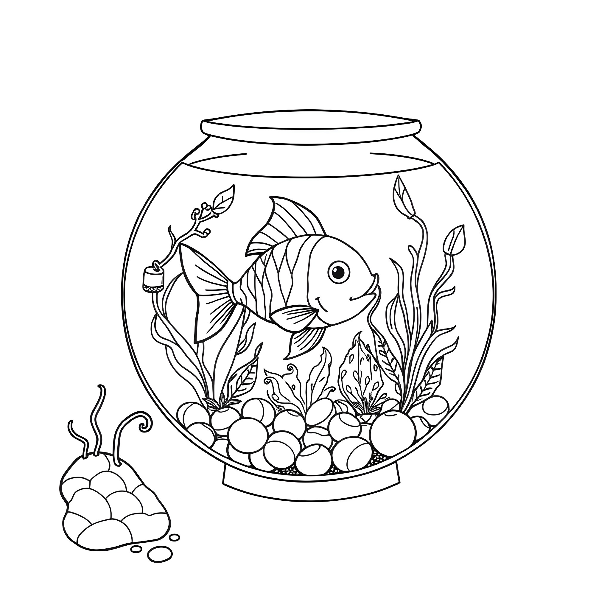 Finn's Colorful Fish and Aquarium Scene Coloring Page (free black-and-white line drawing printable PDF for all, from beginners to advanced learners, including children, teens, adults, and seniors)