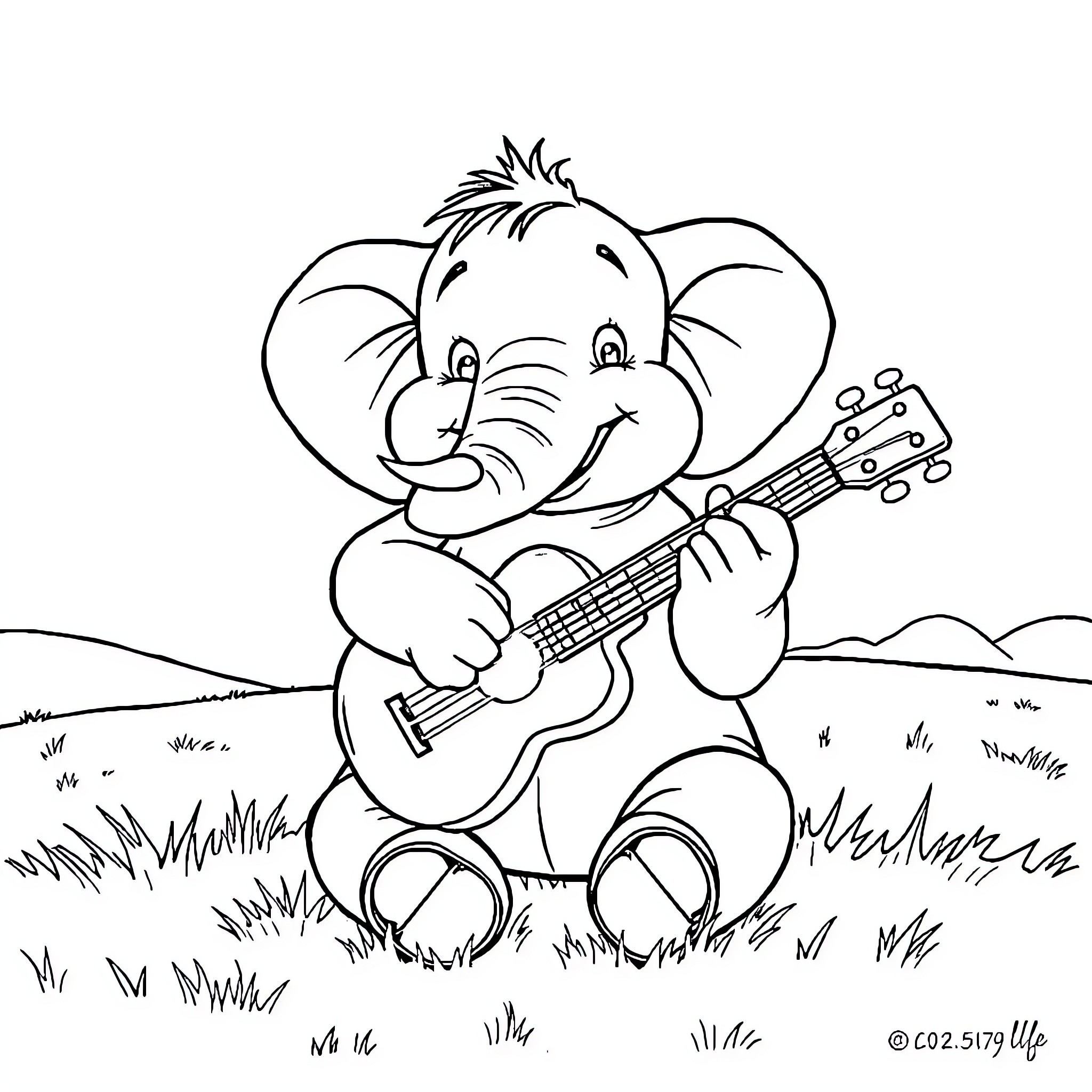 Elephant playing guitar in the field Coloring Page (free black-and-white line drawing printable PDF for all, from beginners to advanced learners, including children, teens, adults, and seniors)