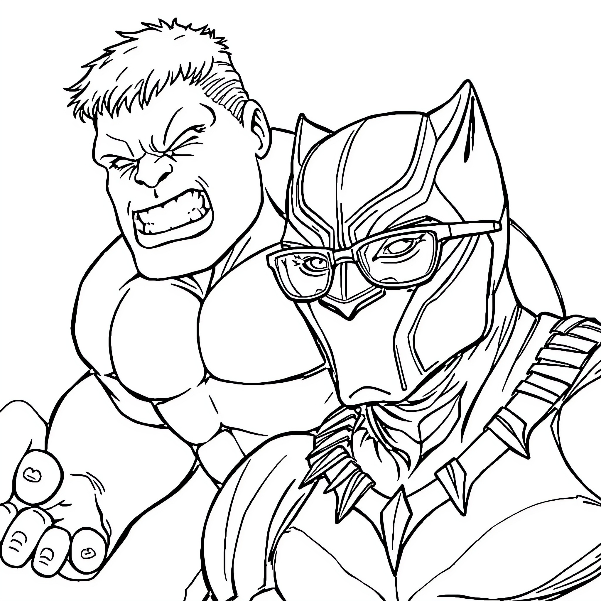 Hulk Confronts Armored Warrior in Intense Showdown Coloring Page (free black-and-white line drawing printable PDF for all, from beginners to advanced learners, including children, teens, adults, and seniors)