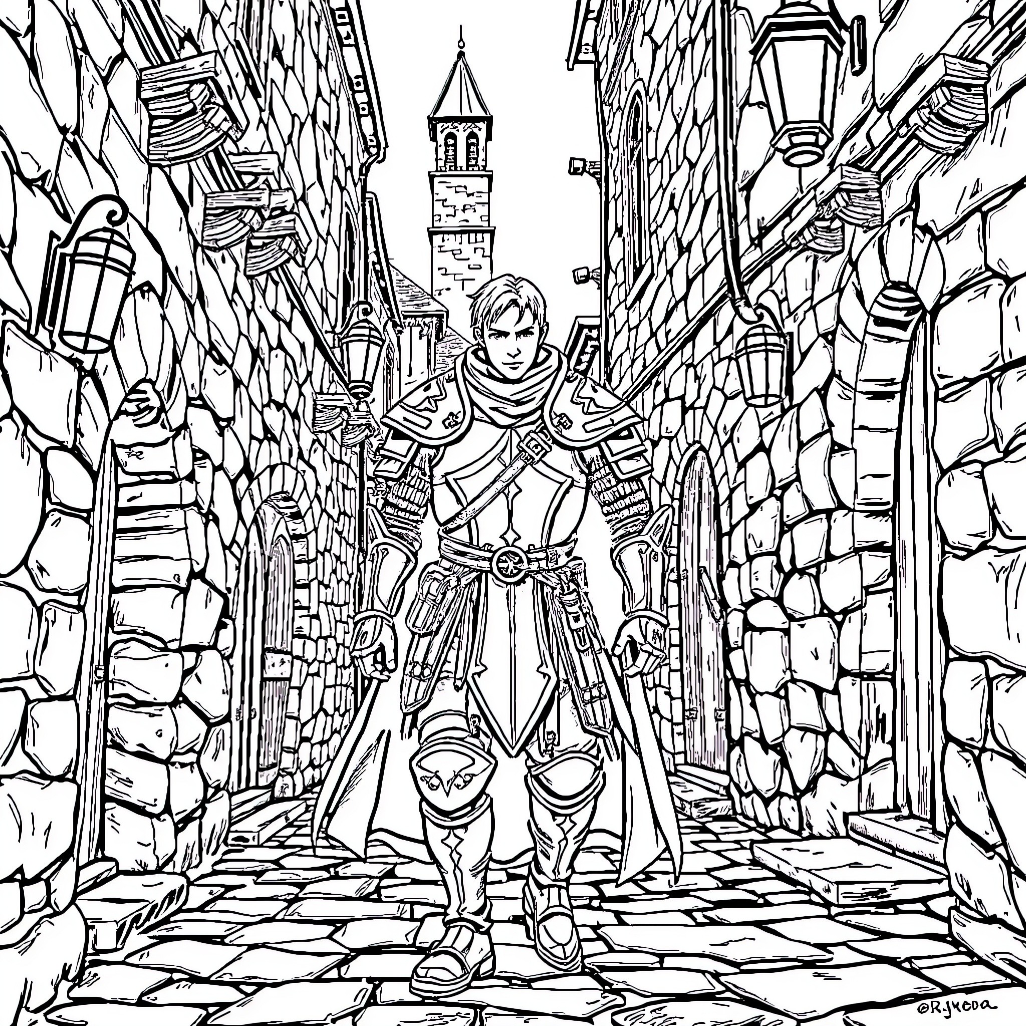 Warrior traversing through a medieval city street Coloring Page (free black-and-white line drawing printable PDF for all, from beginners to advanced learners, including children, teens, adults, and seniors)