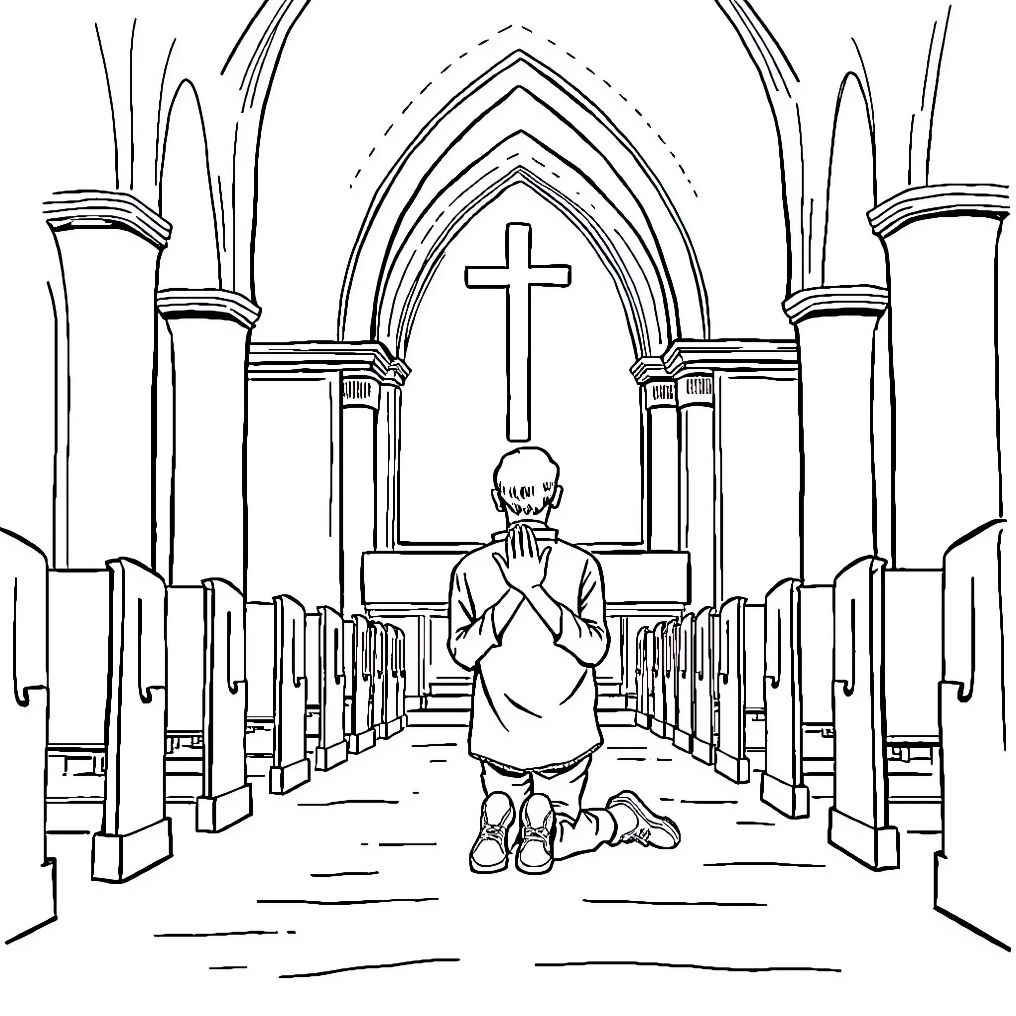 Man praying in a church with ornate architecture Coloring Page (free black-and-white line drawing printable PDF for all, from beginners to advanced learners, including children, teens, adults, and seniors)