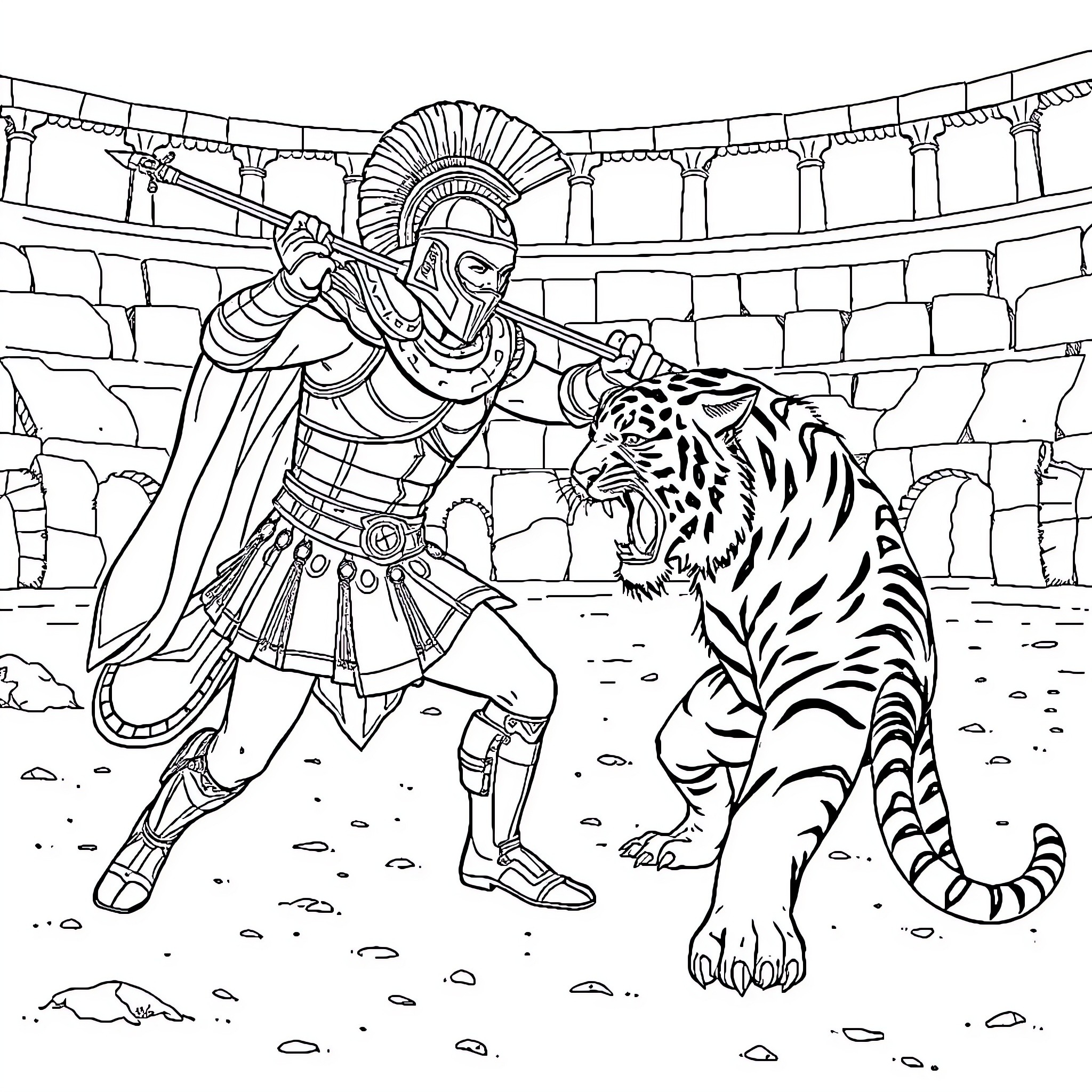 Gladiator facing off against a fierce tiger in the arena Coloring Page (free black-and-white line drawing printable PDF for all, from beginners to advanced learners, including children, teens, adults, and seniors)