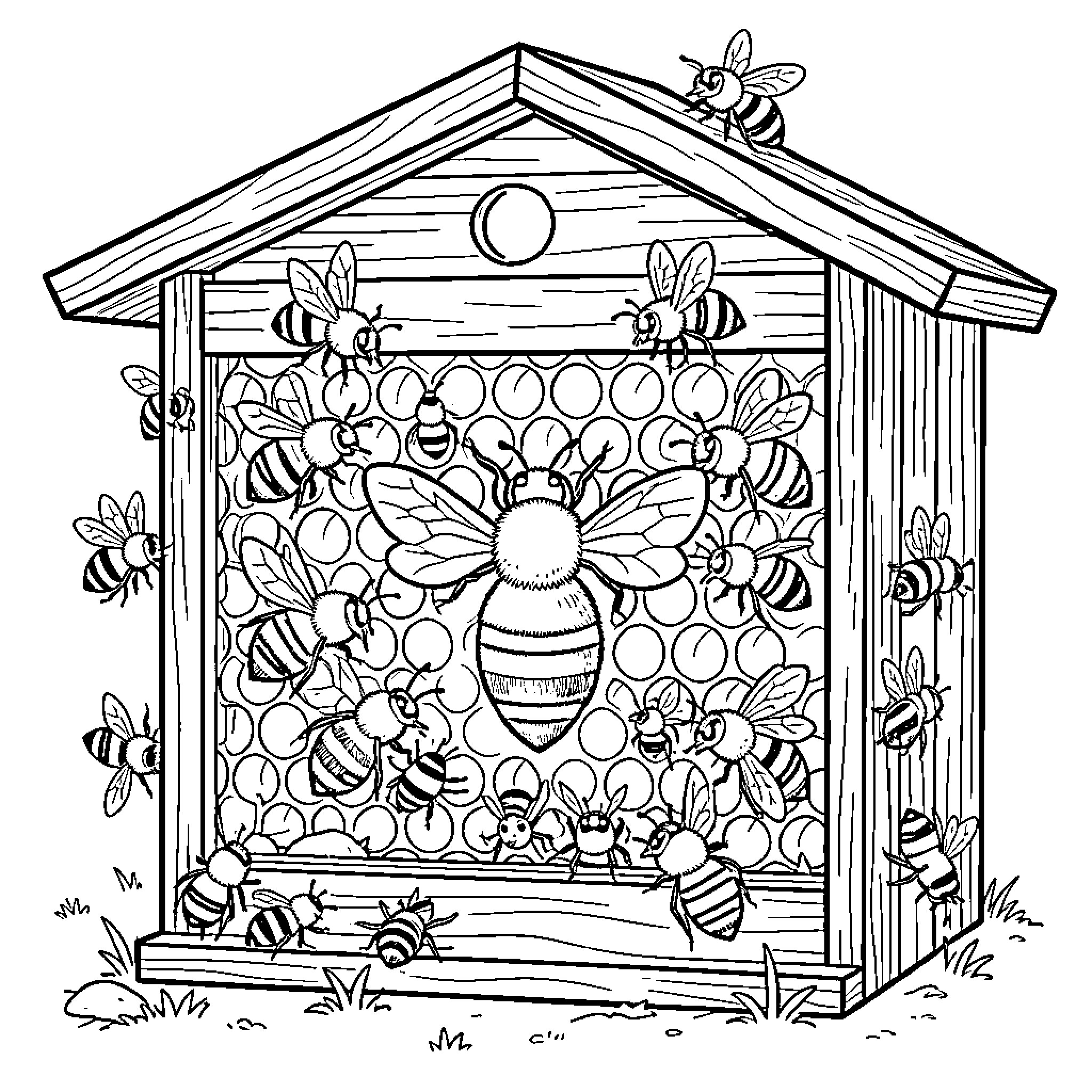 Bee home surrounded by playful bees Coloring Page (free black-and-white line drawing printable PDF for all, from beginners to advanced learners, including children, teens, adults, and seniors)