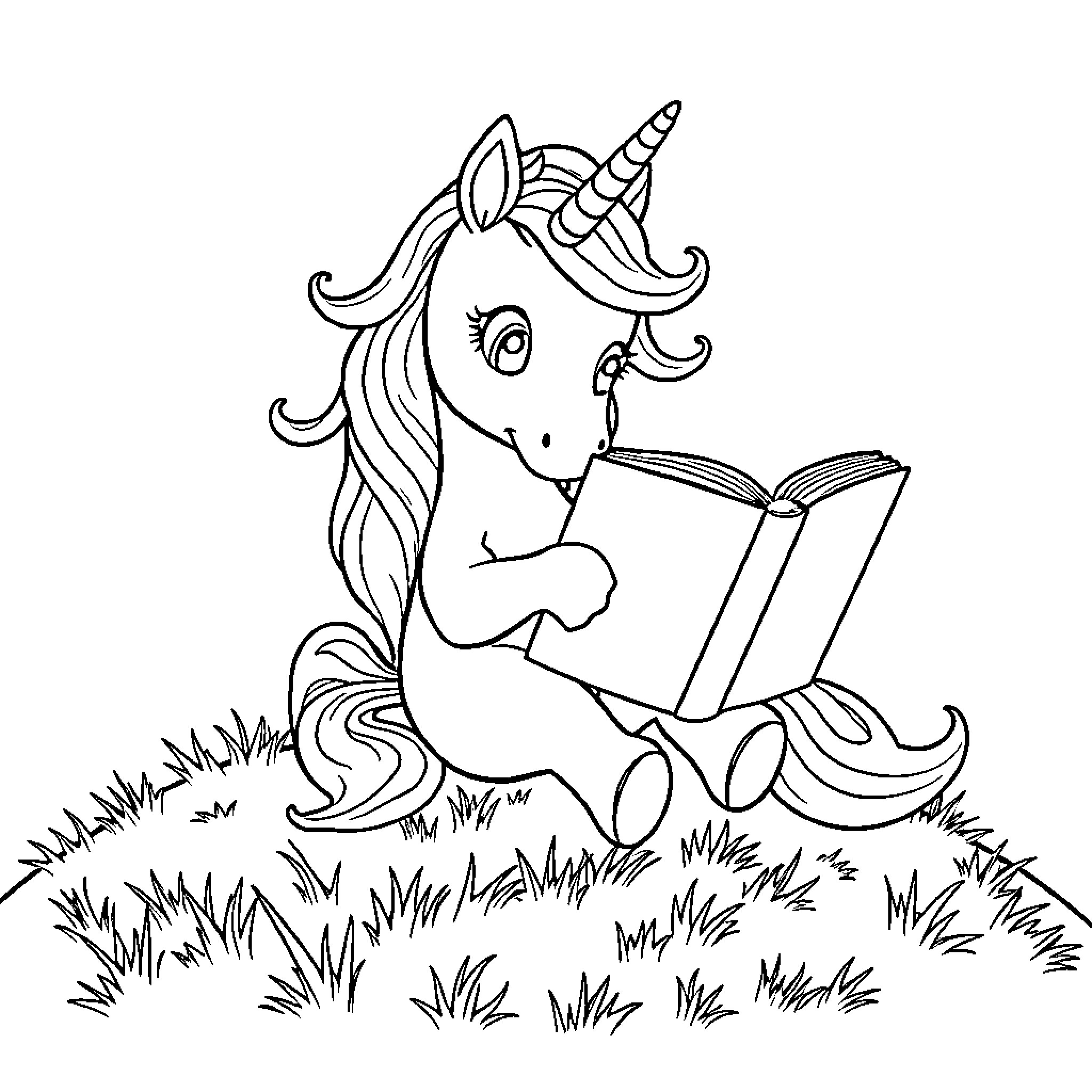 Unicorn reading a book in the meadow Coloring Page (free black-and-white line drawing printable PDF for all, from beginners to advanced learners, including children, teens, adults, and seniors)