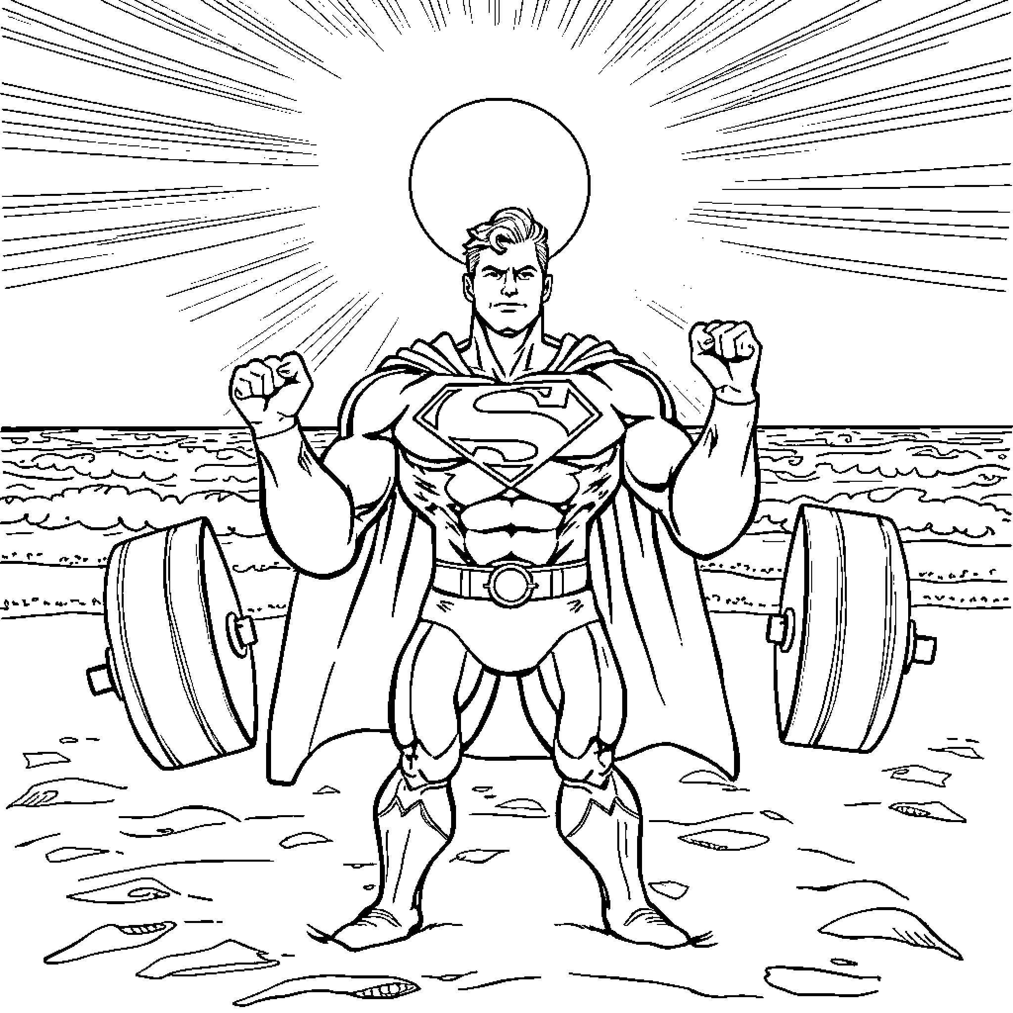 Superman in heroic pose on the beach Coloring Page (free black-and-white line drawing printable PDF for all, from beginners to advanced learners, including children, teens, adults, and seniors)