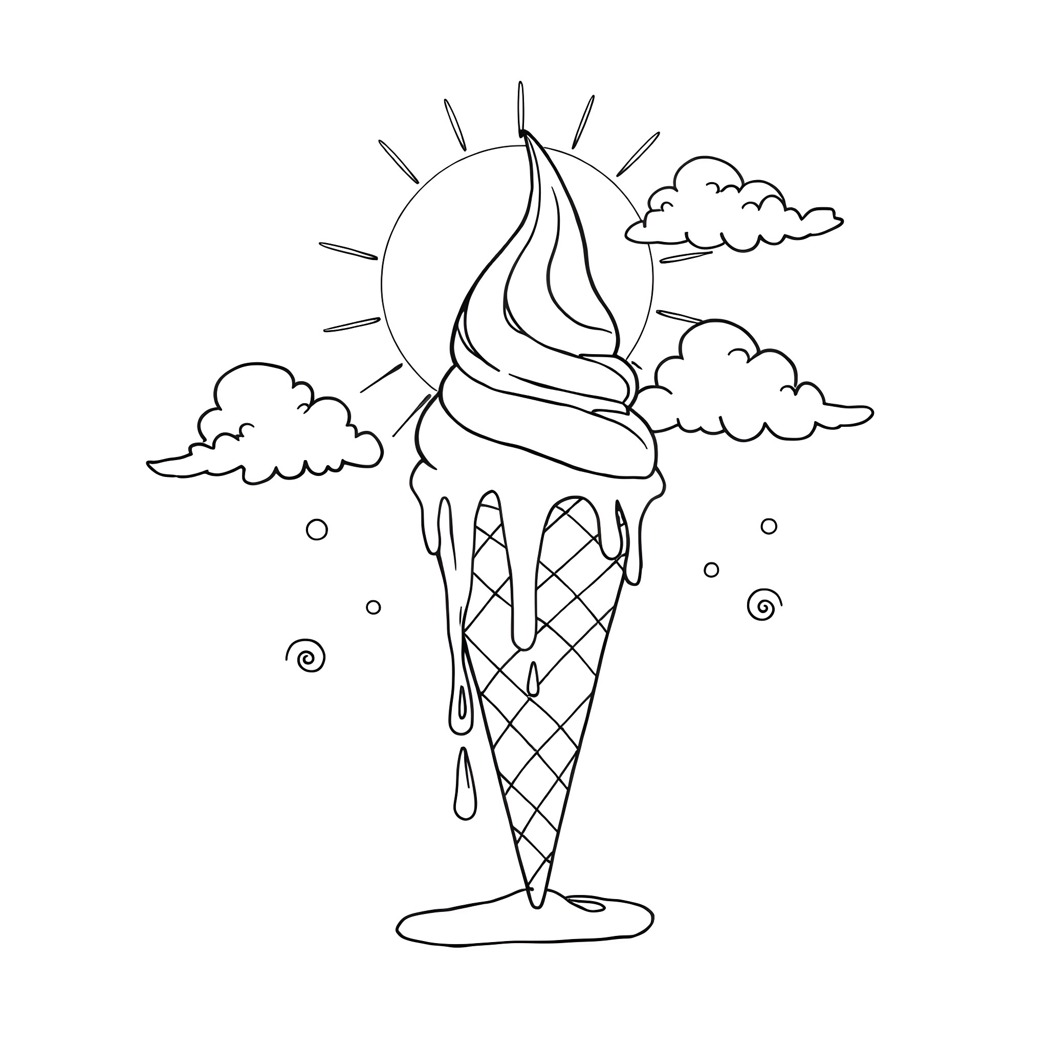 Ice Cream Cone in Sunny Sky Coloring Page (free black-and-white line drawing printable PDF for all, from beginners to advanced learners, including children, teens, adults, and seniors)
