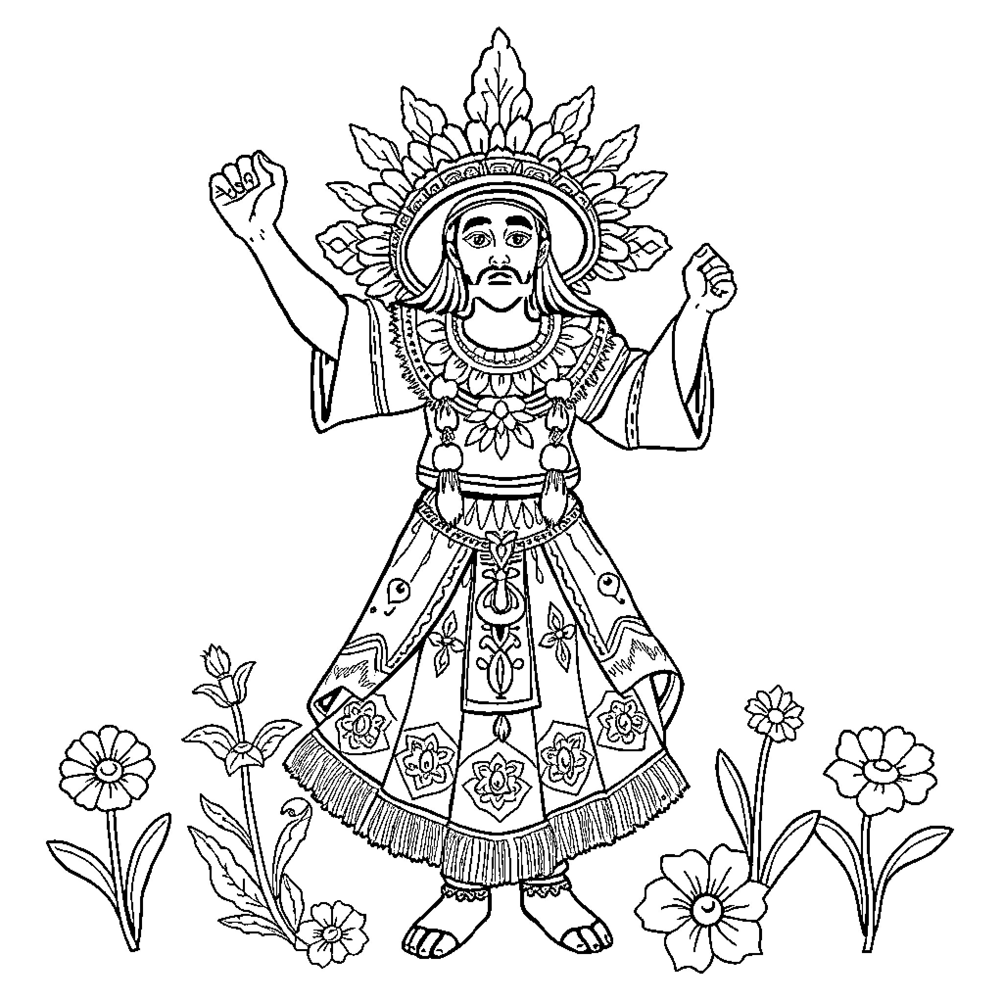 Himno Nacional Mexicano: Ceremonial Figure in Traditional Dress Coloring Page (free black-and-white line drawing printable PDF for all, from beginners to advanced learners, including children, teens, adults, and seniors)