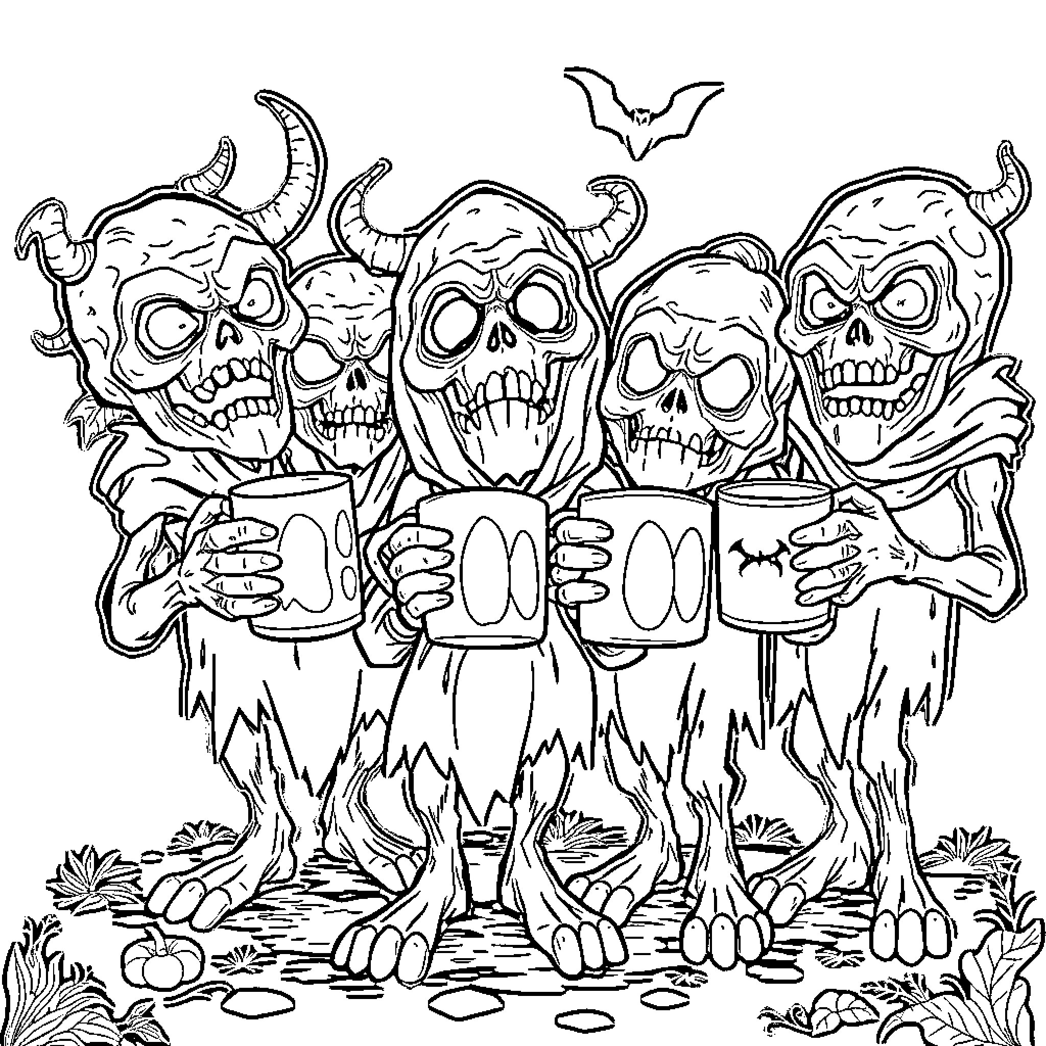 Cryptid Zombie Creatures Lurking in the Underbrush Coloring Page (free black-and-white line drawing printable PDF for all, from beginners to advanced learners, including children, teens, adults, and seniors)